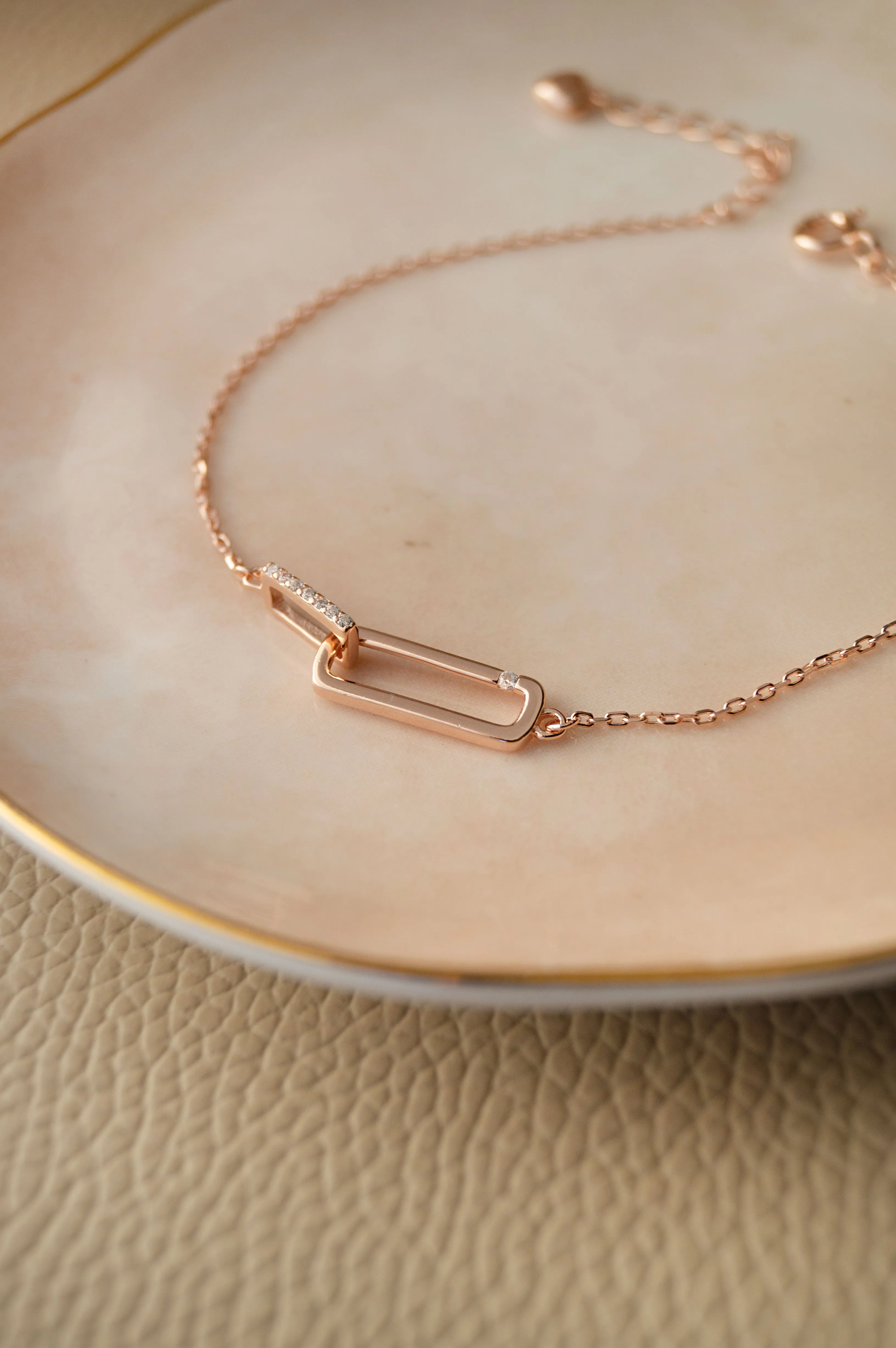 Interlinked Rectangle Rose Gold Plated Sterling Silver  Chain Bracelet