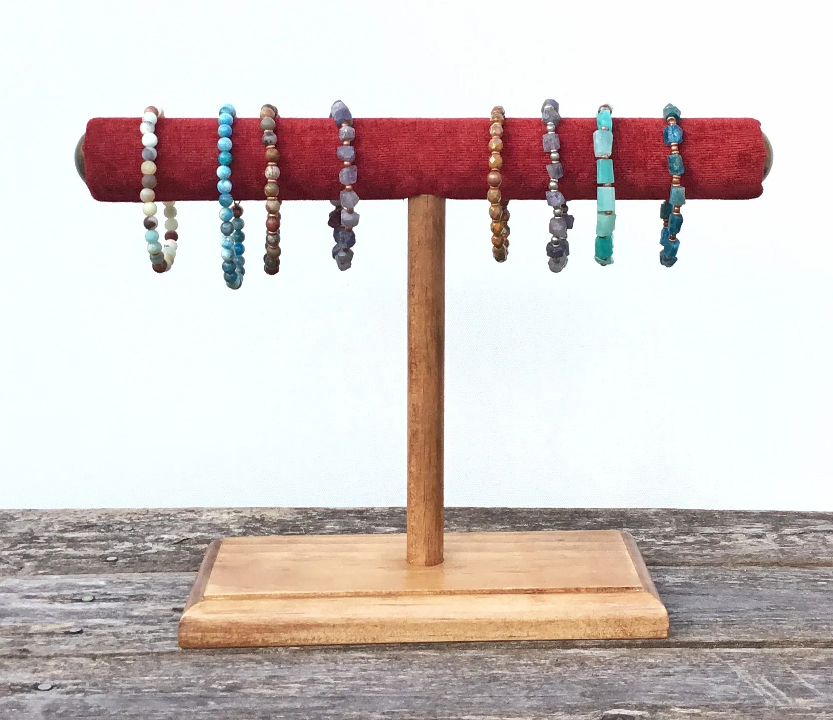 Jewelry Display, Bracelet Stand, Bracelet Holder, T-Bar Stand, Jewelry Storage, Wood Stand, Red Velvet