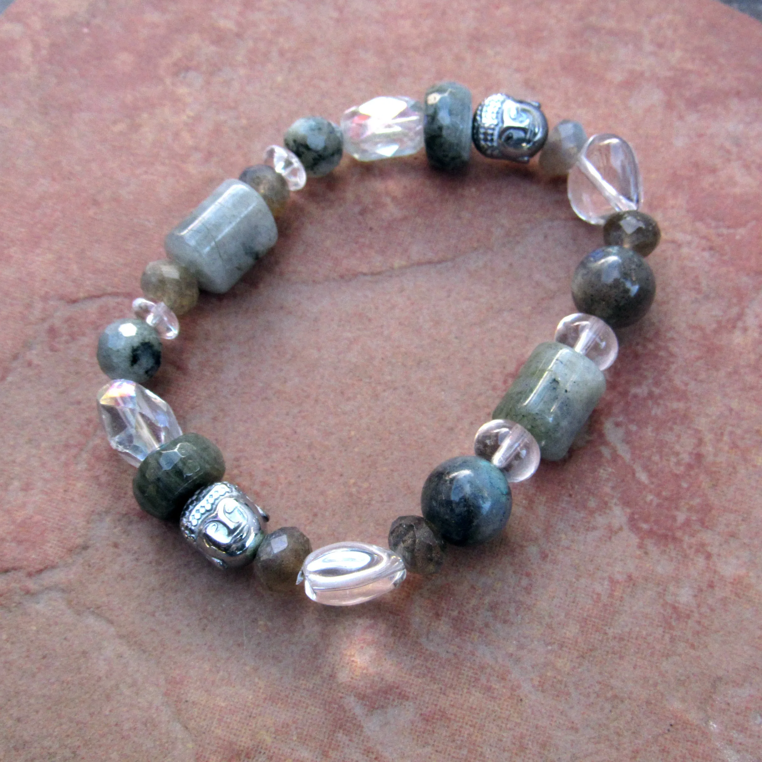 Labradorite, Hematite Buddha, and Quartz stretch bracelet