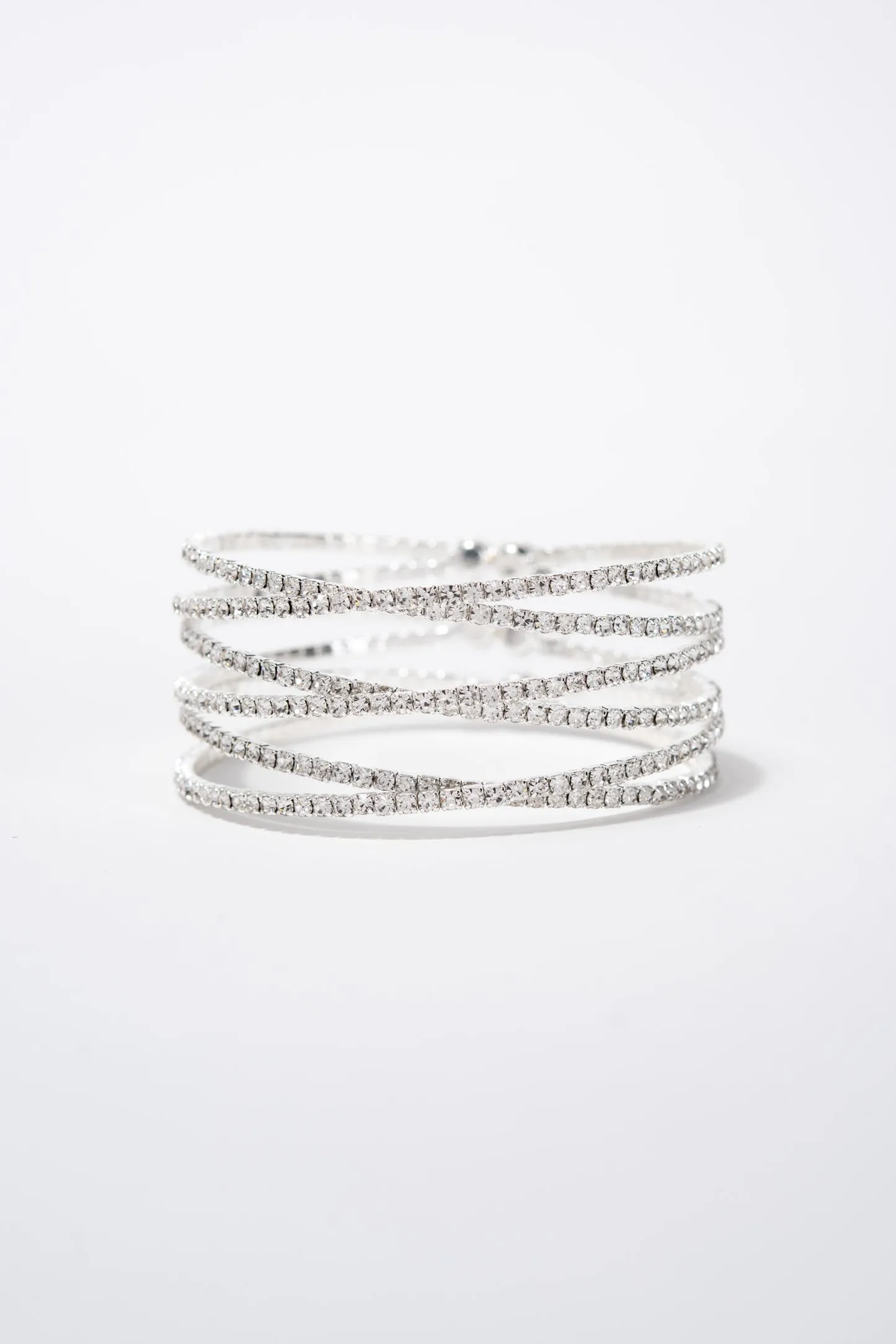 Leslie Criss Cross Crystal Rhinestone Cuff Bracelet - Silver