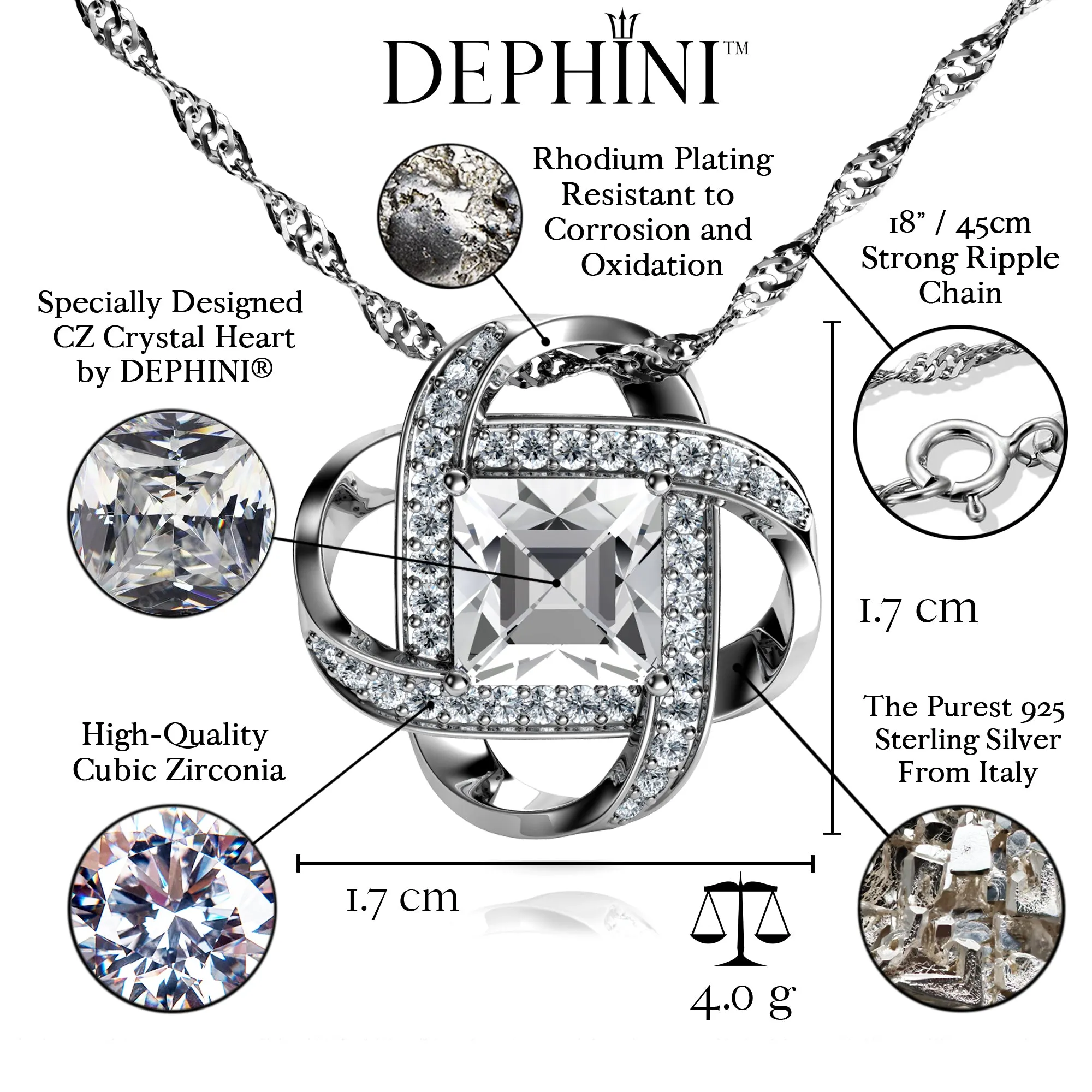 Love Necklace White Cubic Zirconia Crystal Pendant Silver by Dephini