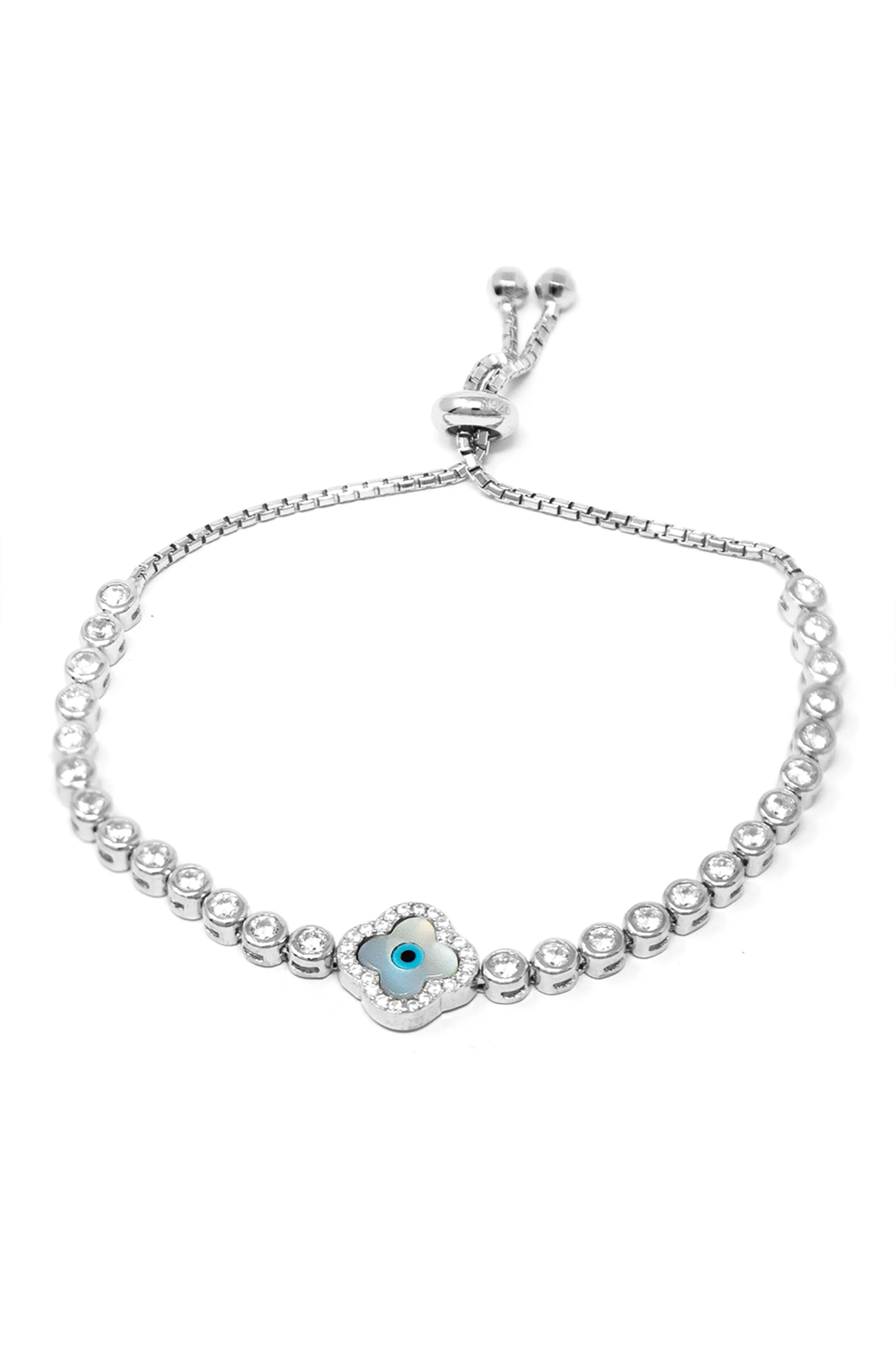 Lucky Clover Evil Eye Sterling Silver Pull Chain Adjustable Bracelet