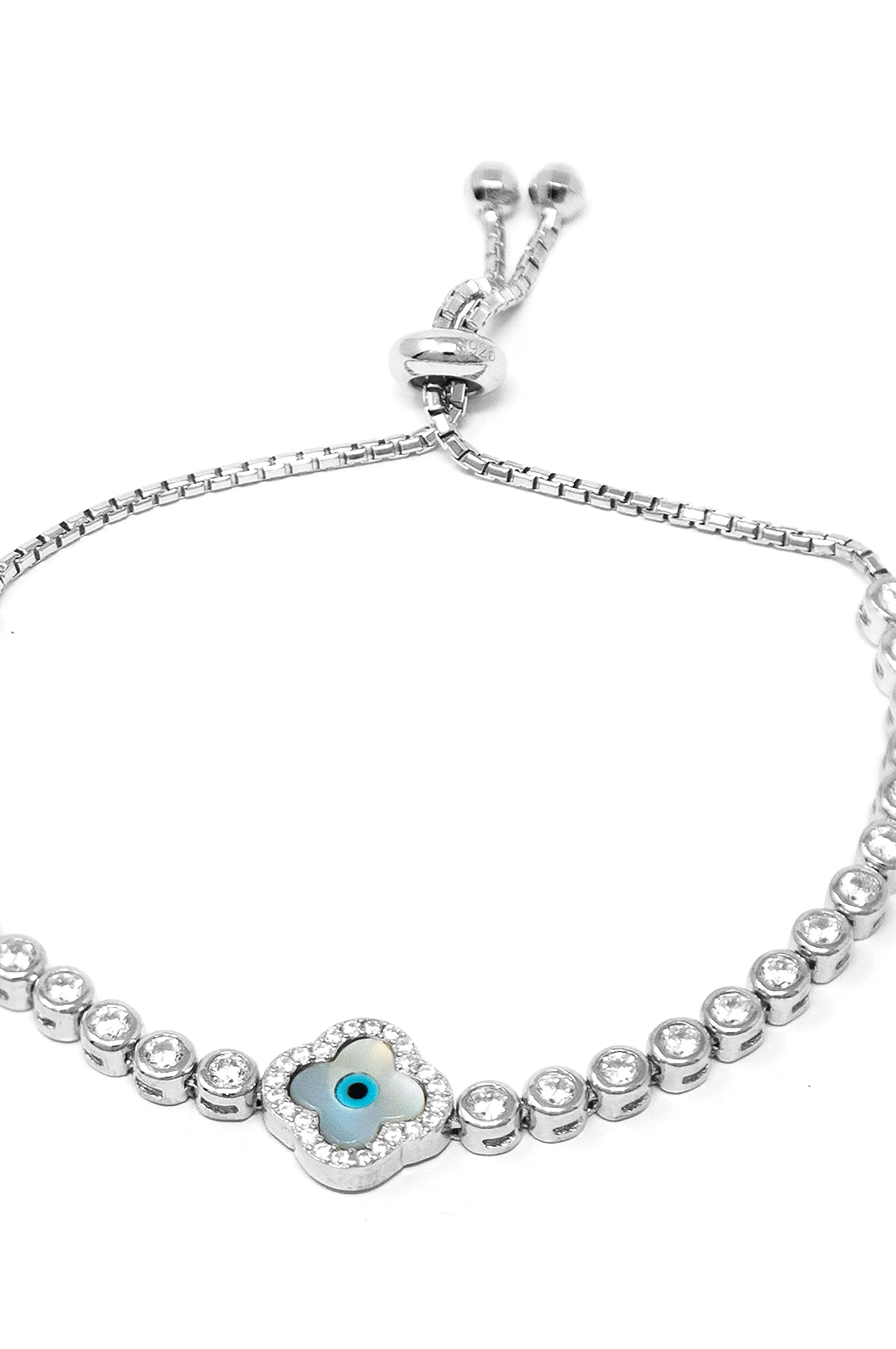 Lucky Clover Evil Eye Sterling Silver Pull Chain Adjustable Bracelet