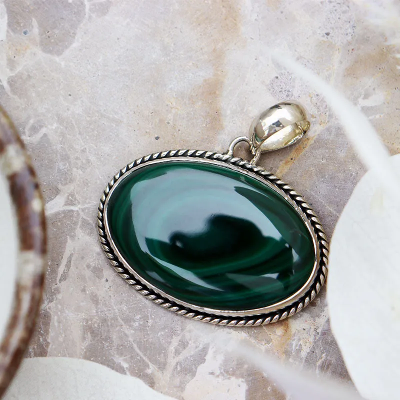 Malachite Gemstone Silver Bohemian Pendant