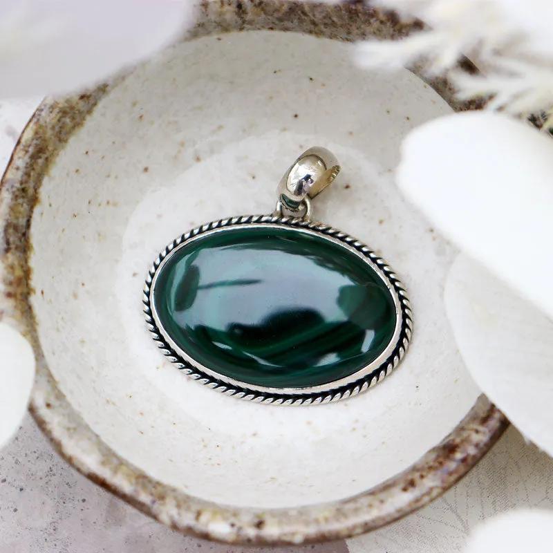 Malachite Gemstone Silver Bohemian Pendant