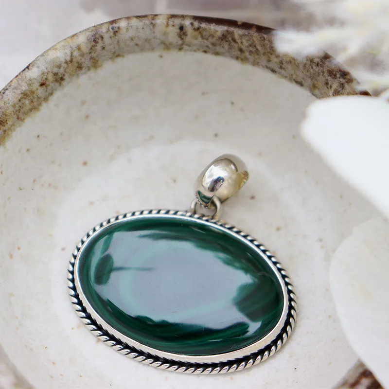 Malachite Gemstone Silver Bohemian Pendant