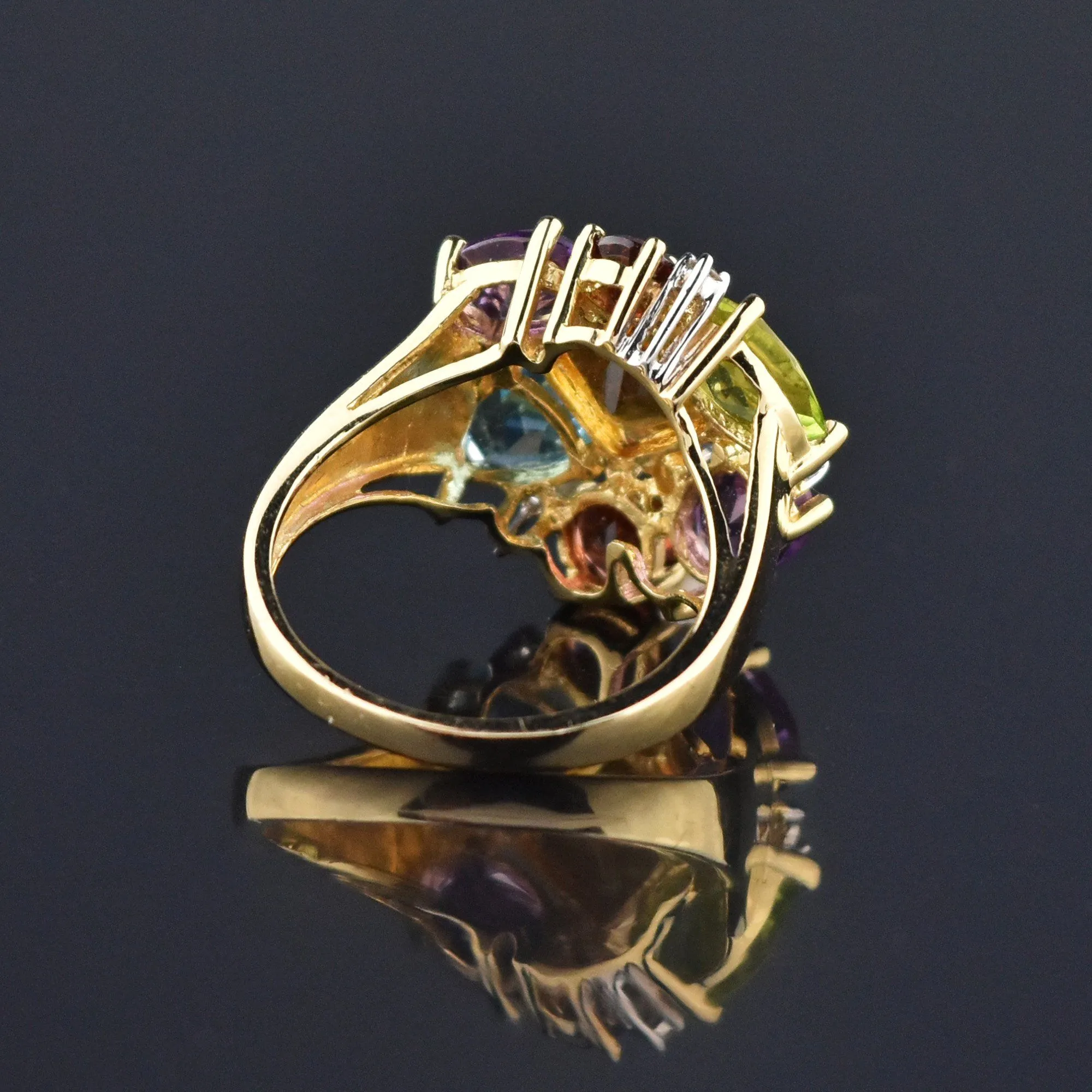 Multi Gemstone Harlequin Heavy 14K Gold Cocktail Ring, GIA Cert