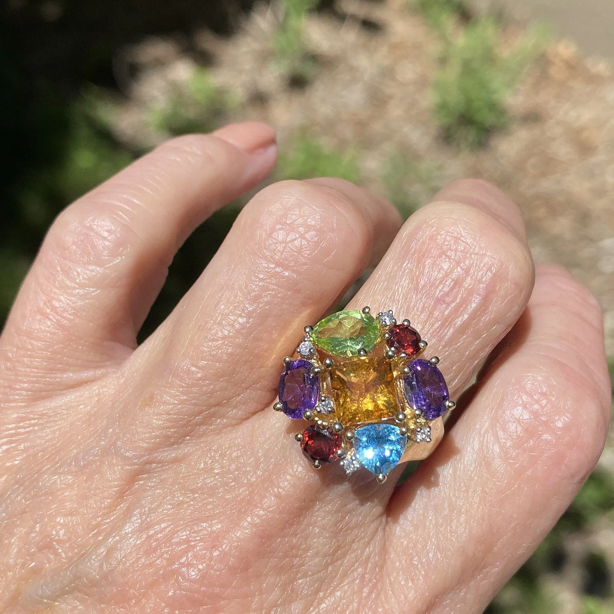 Multi Gemstone Harlequin Heavy 14K Gold Cocktail Ring, GIA Cert