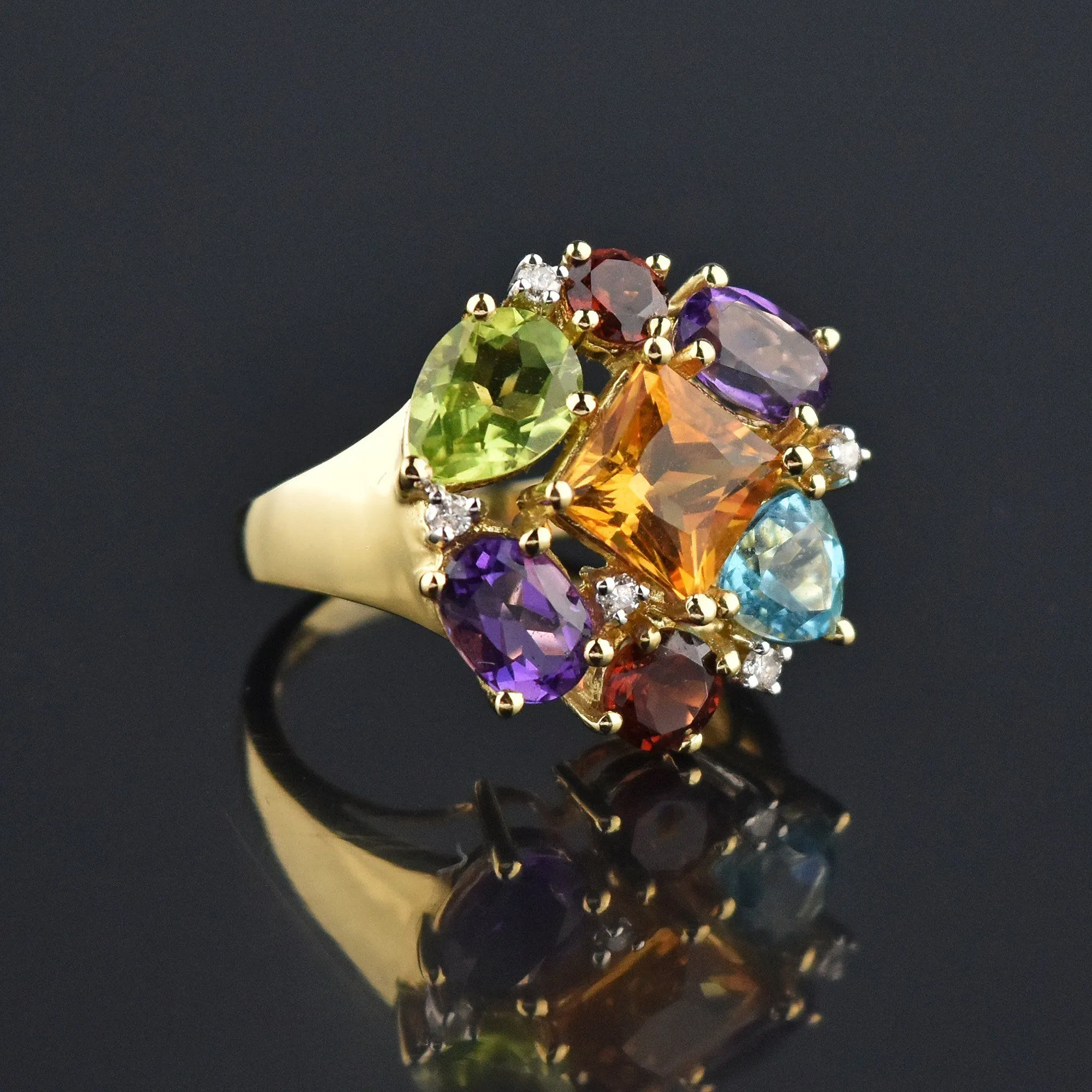 Multi Gemstone Harlequin Heavy 14K Gold Cocktail Ring, GIA Cert