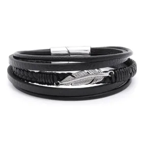 Multilayer Leather Bracelet with Feather Ornament