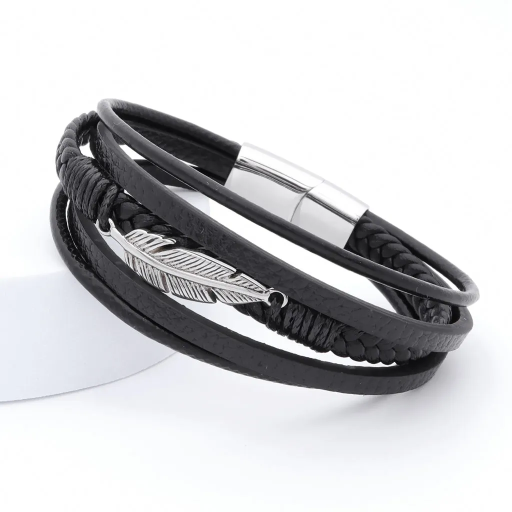 Multilayer Leather Bracelet with Feather Ornament