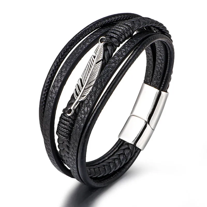 Multilayer Leather Bracelet with Feather Ornament