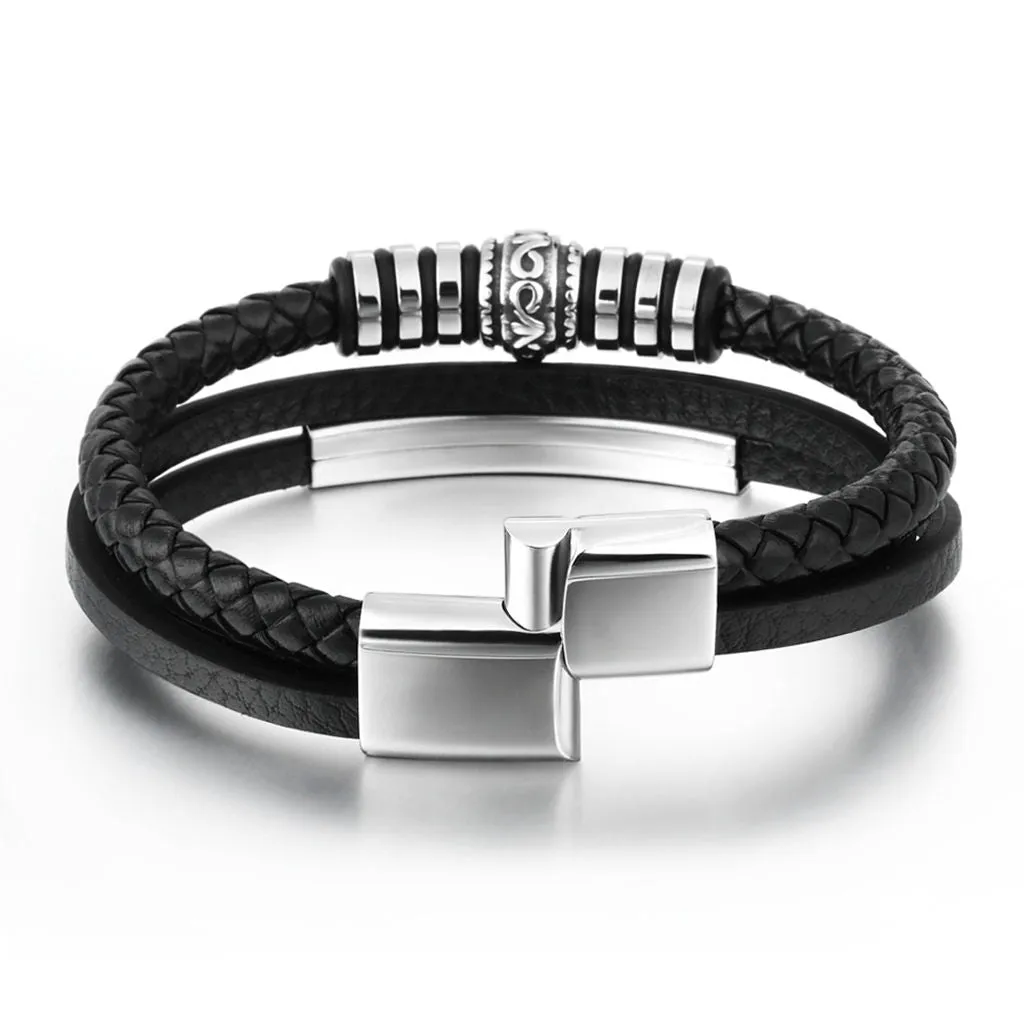 Multilayer Leather Bracelet with ID Plate