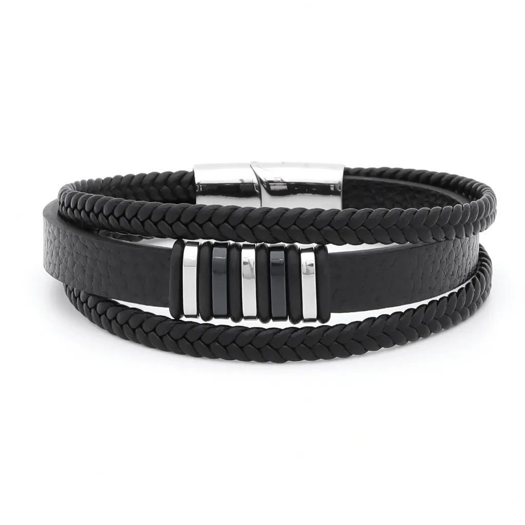 Multilayer Leather Bracelet with Magnetic Clasp