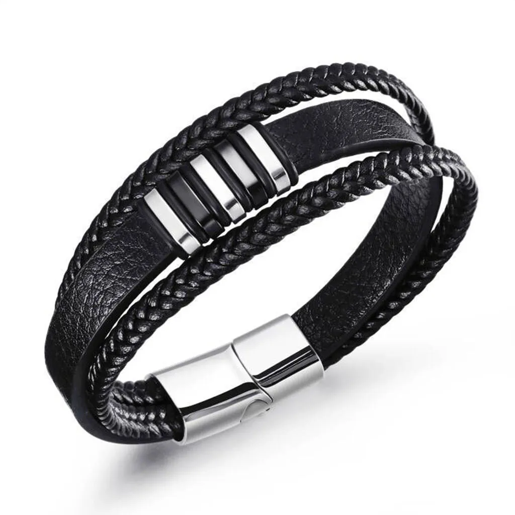 Multilayer Leather Bracelet with Magnetic Clasp