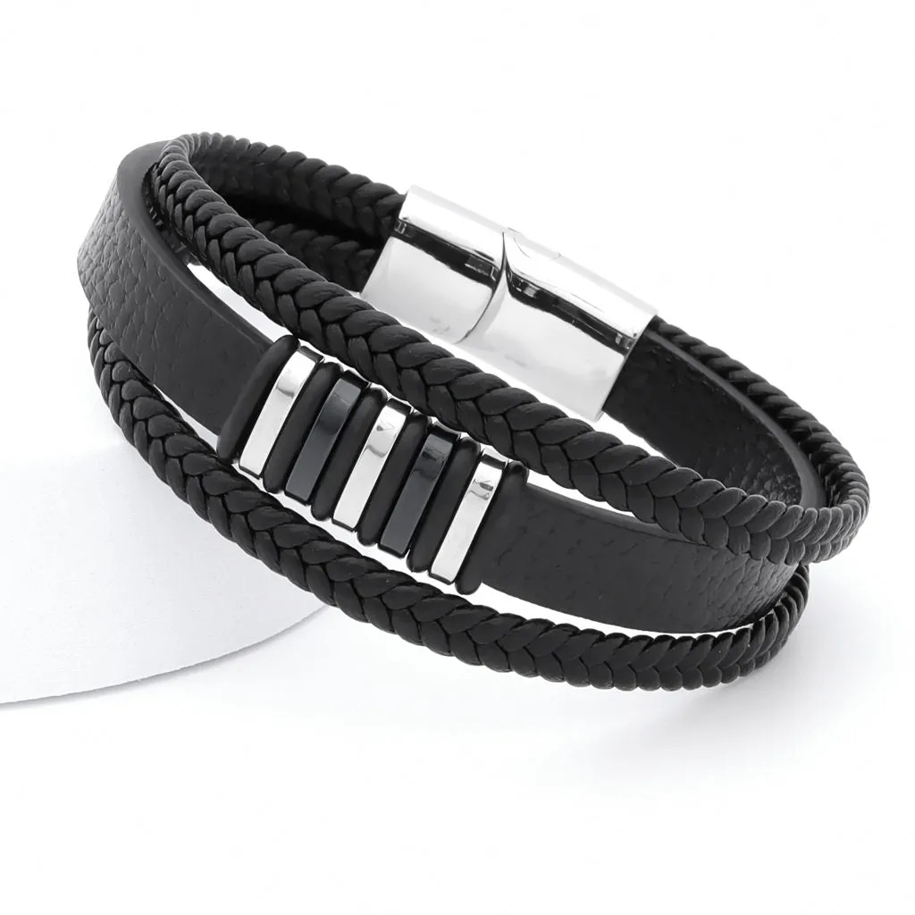 Multilayer Leather Bracelet with Magnetic Clasp