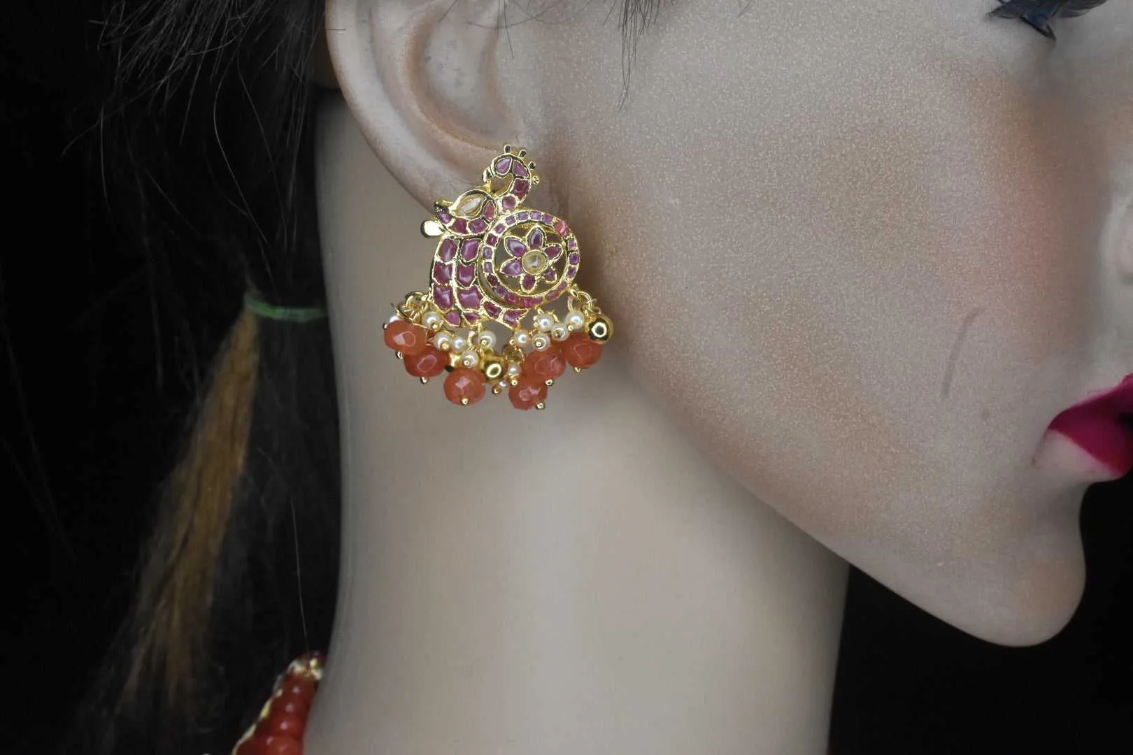 One Gram Gold Kempu Side Brooch With Semi Precious Beeds Mala By Asp Fashion Jewellery