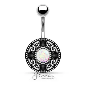 Opal Glitter Centered Tribal Pattern Belly Button Ring