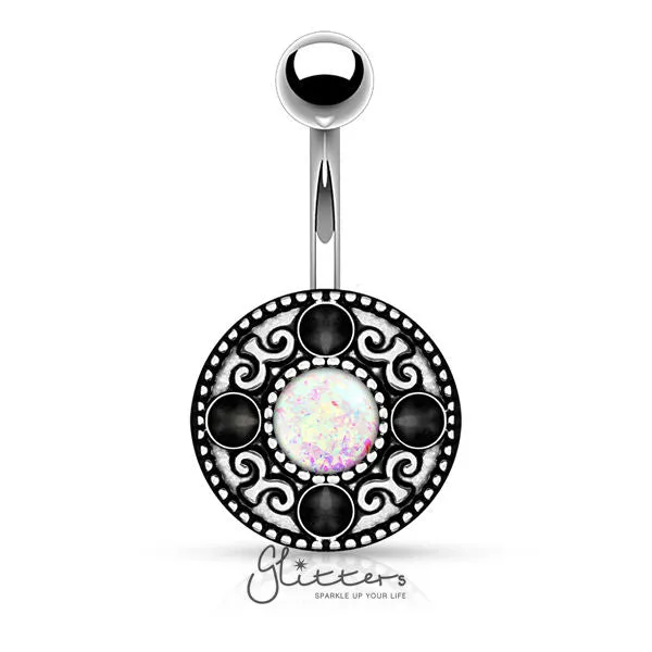 Opal Glitter Centered Tribal Pattern Belly Button Ring