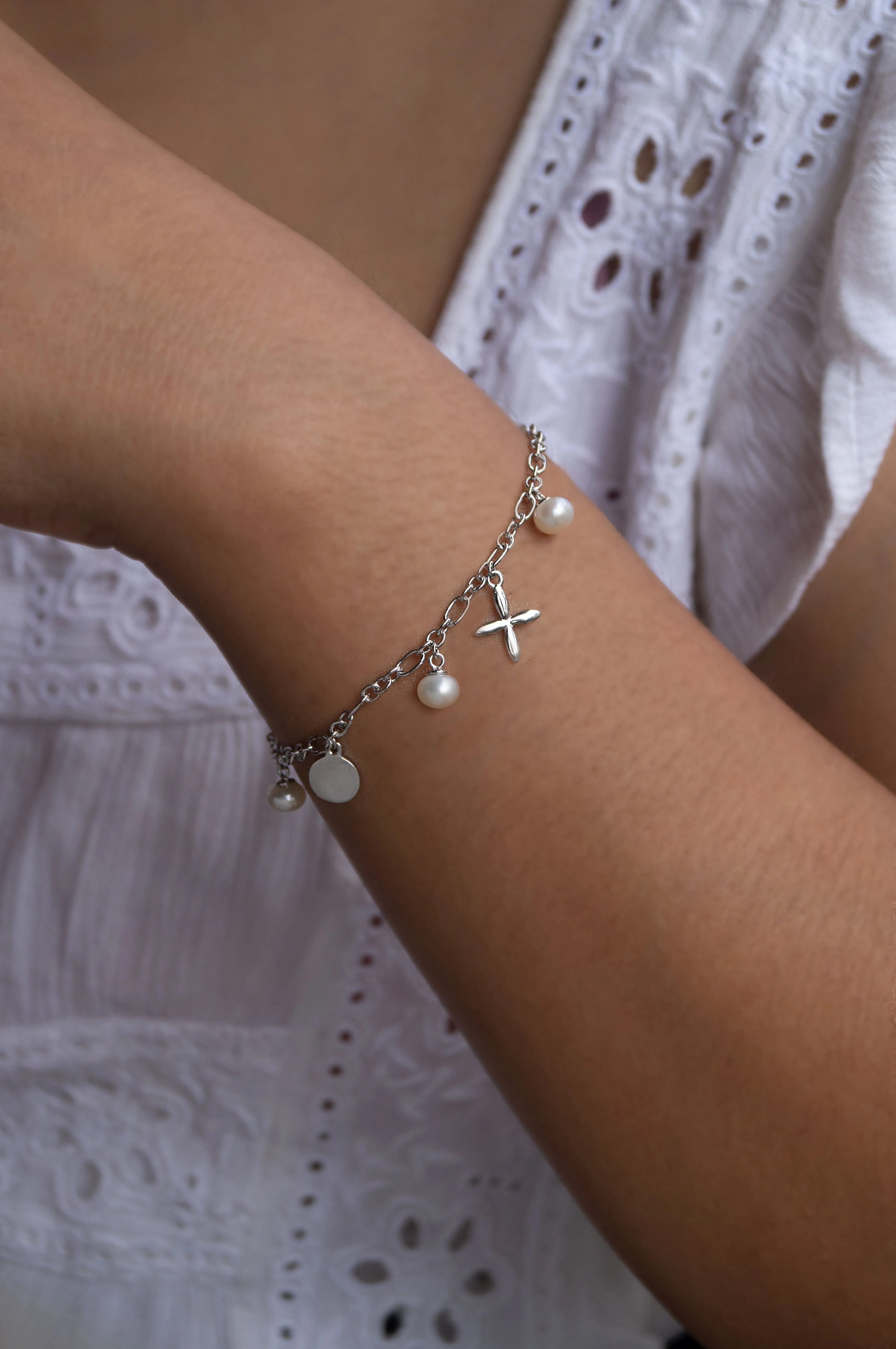 Pearl Charms Ballet Sterling Silver Chain Bracelet