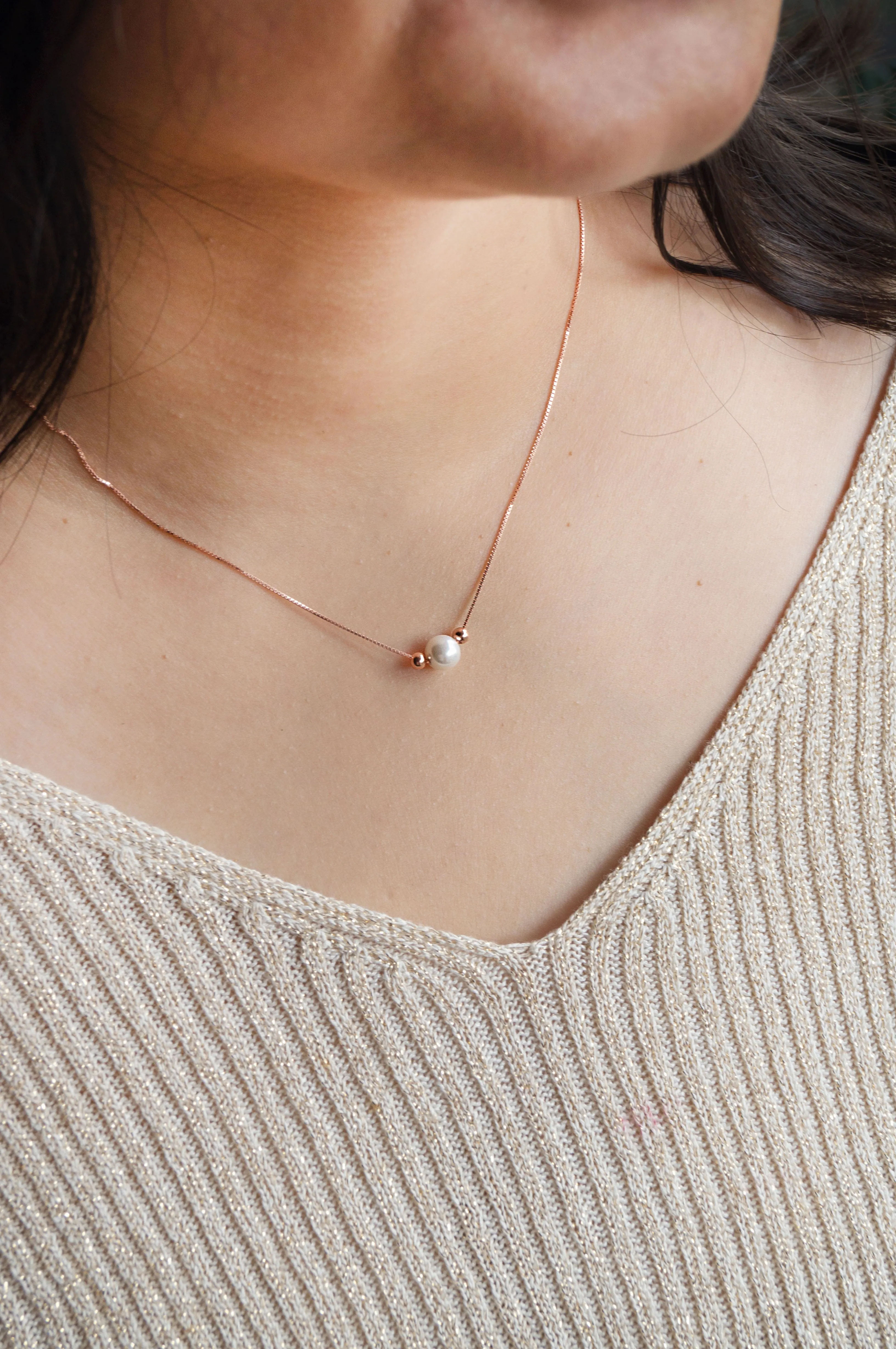 Pearl With Beads Rose Gold Plated Sterling Silver Chain Necklace