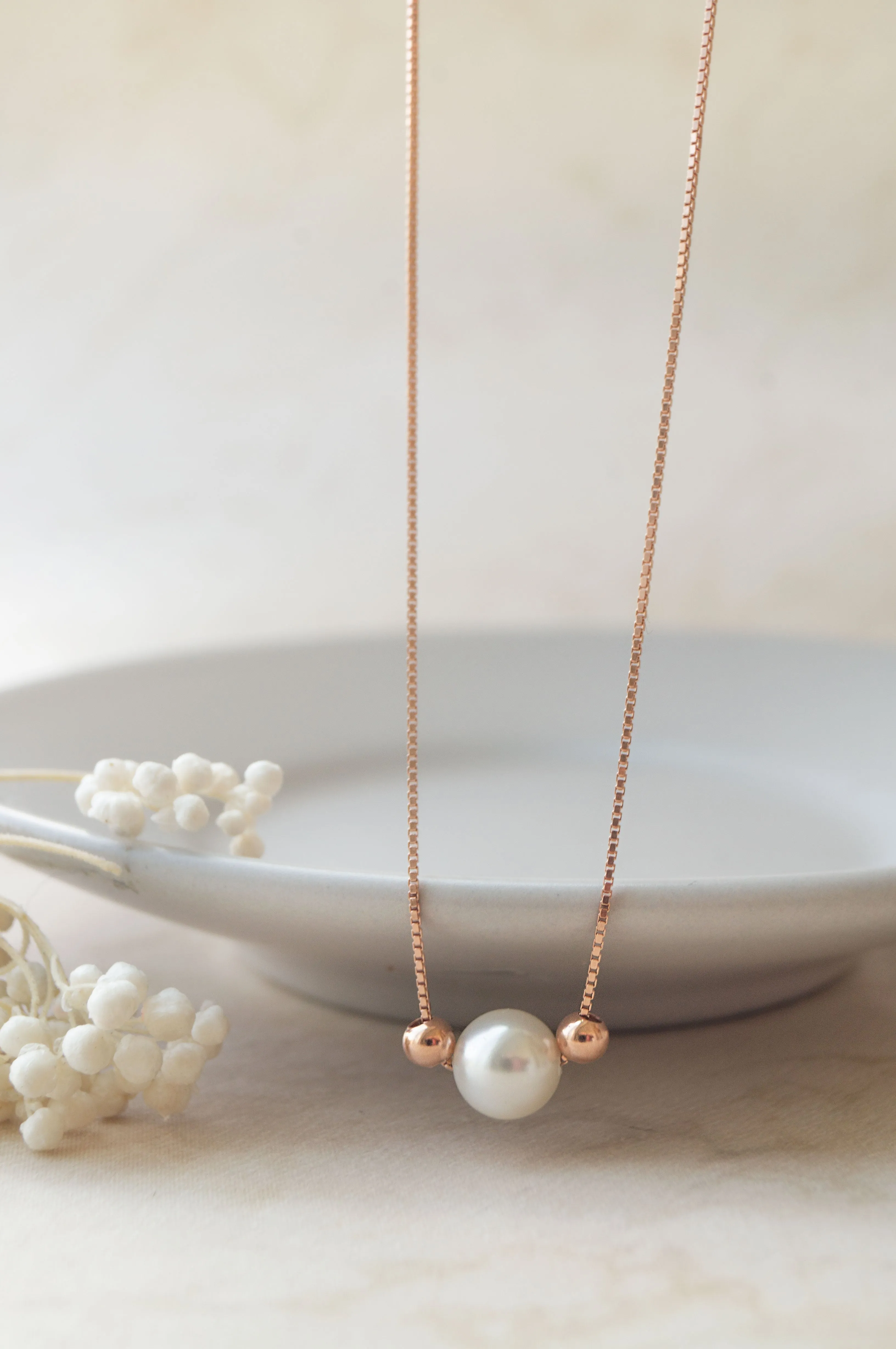 Pearl With Beads Rose Gold Plated Sterling Silver Chain Necklace