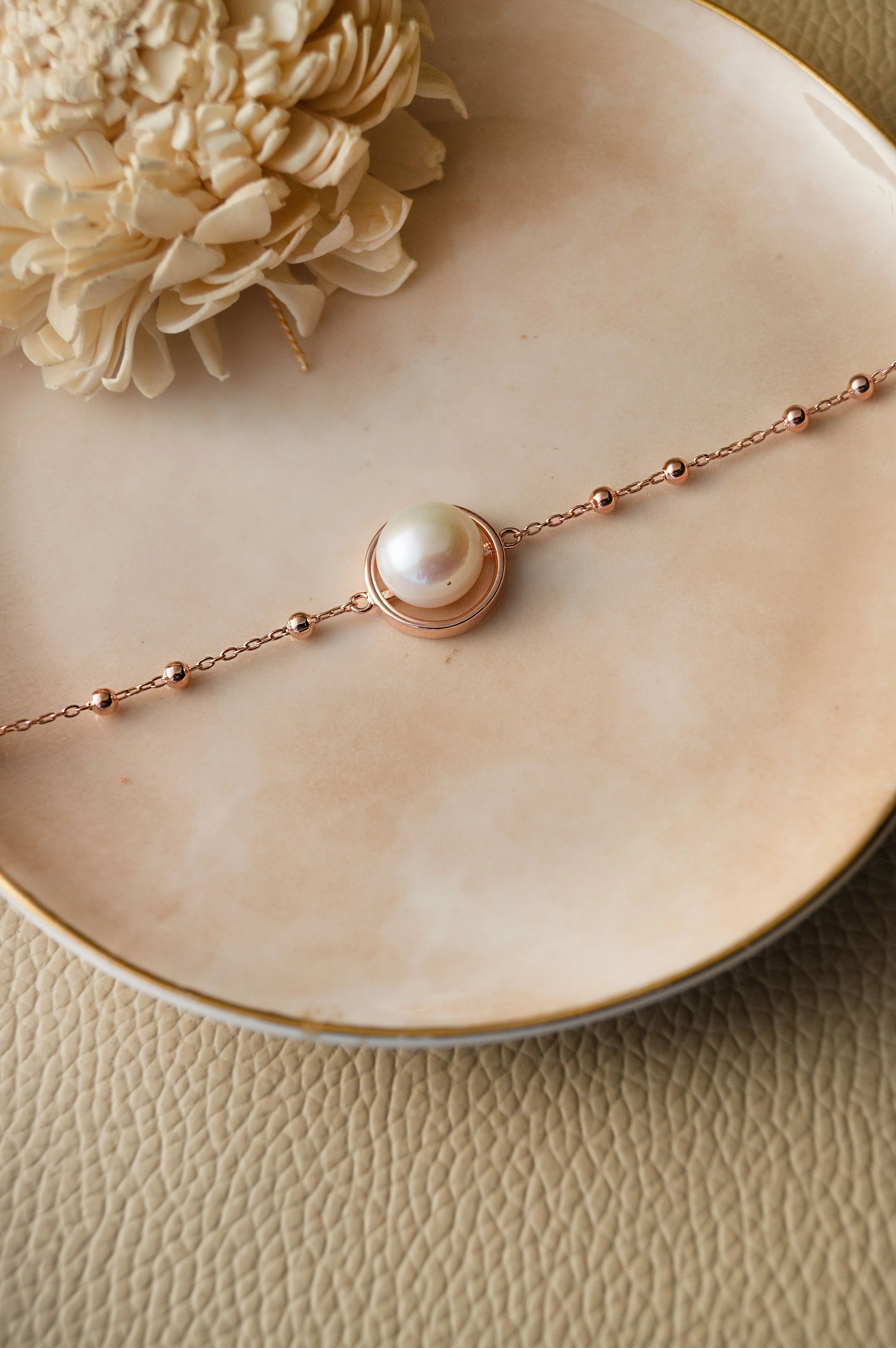 Pearl With Pretty Balls Rose Gold Plated Sterling Silver Chain Bracelet