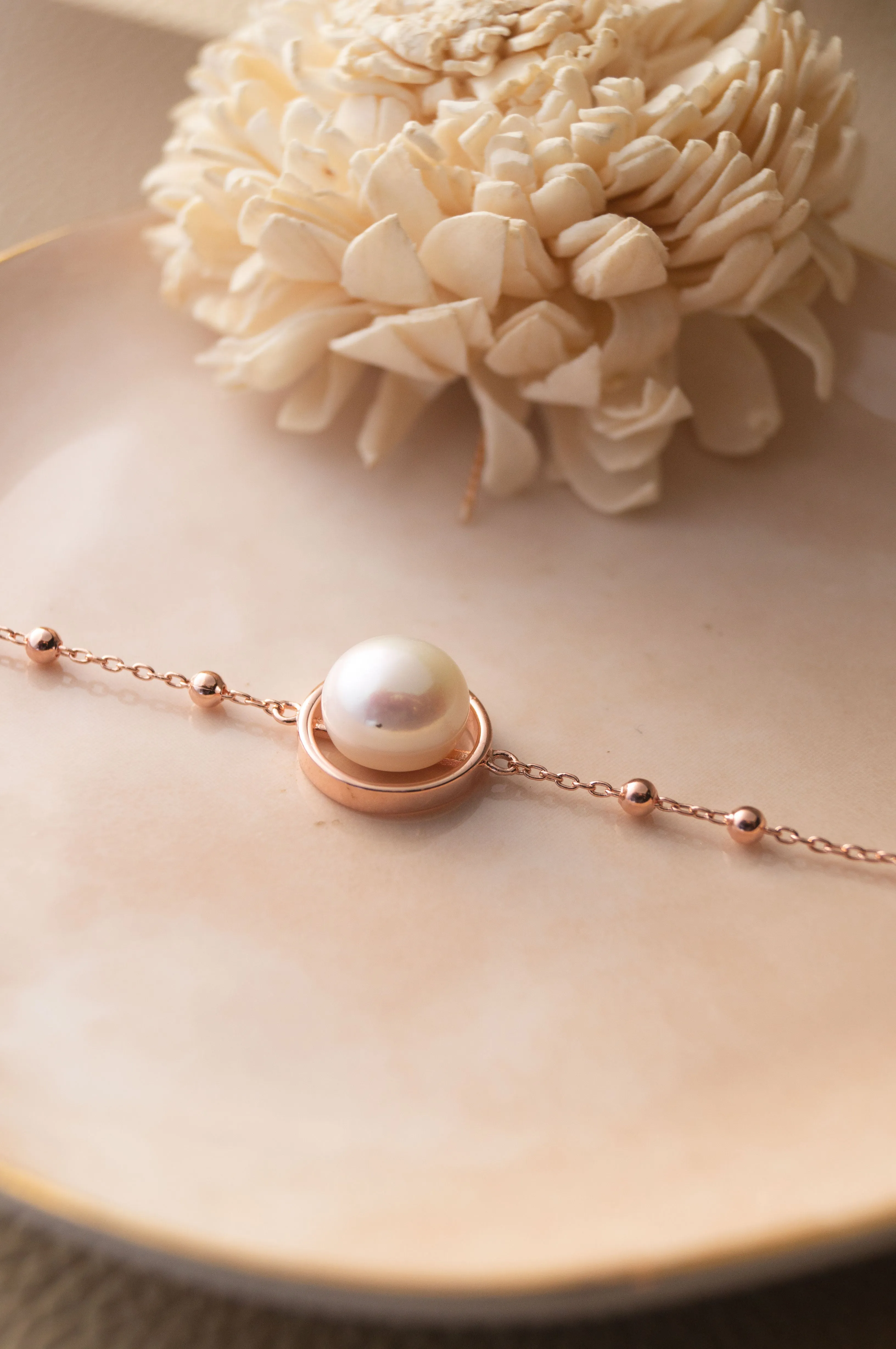 Pearl With Pretty Balls Rose Gold Plated Sterling Silver Chain Bracelet