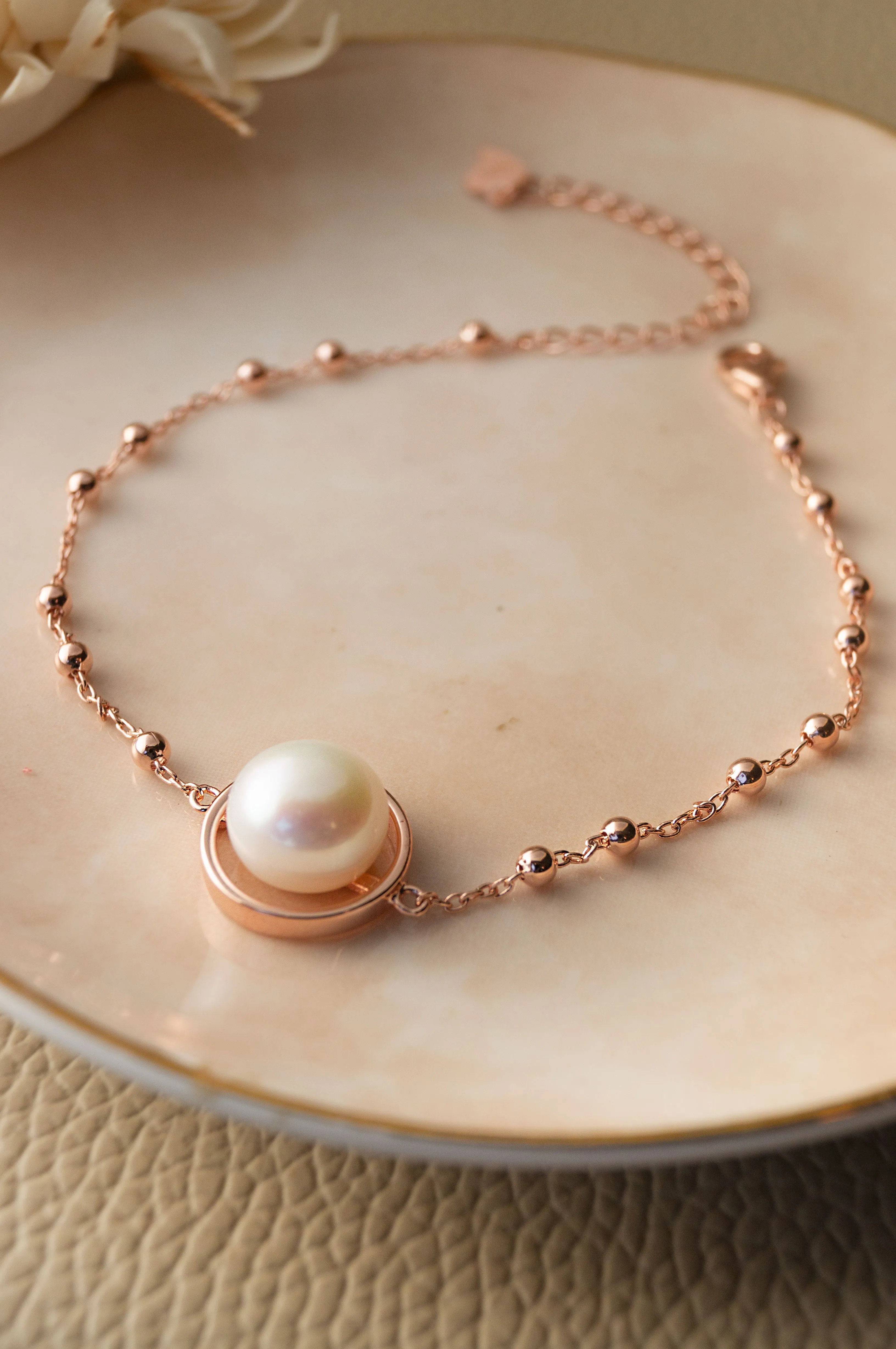 Pearl With Pretty Balls Rose Gold Plated Sterling Silver Chain Bracelet