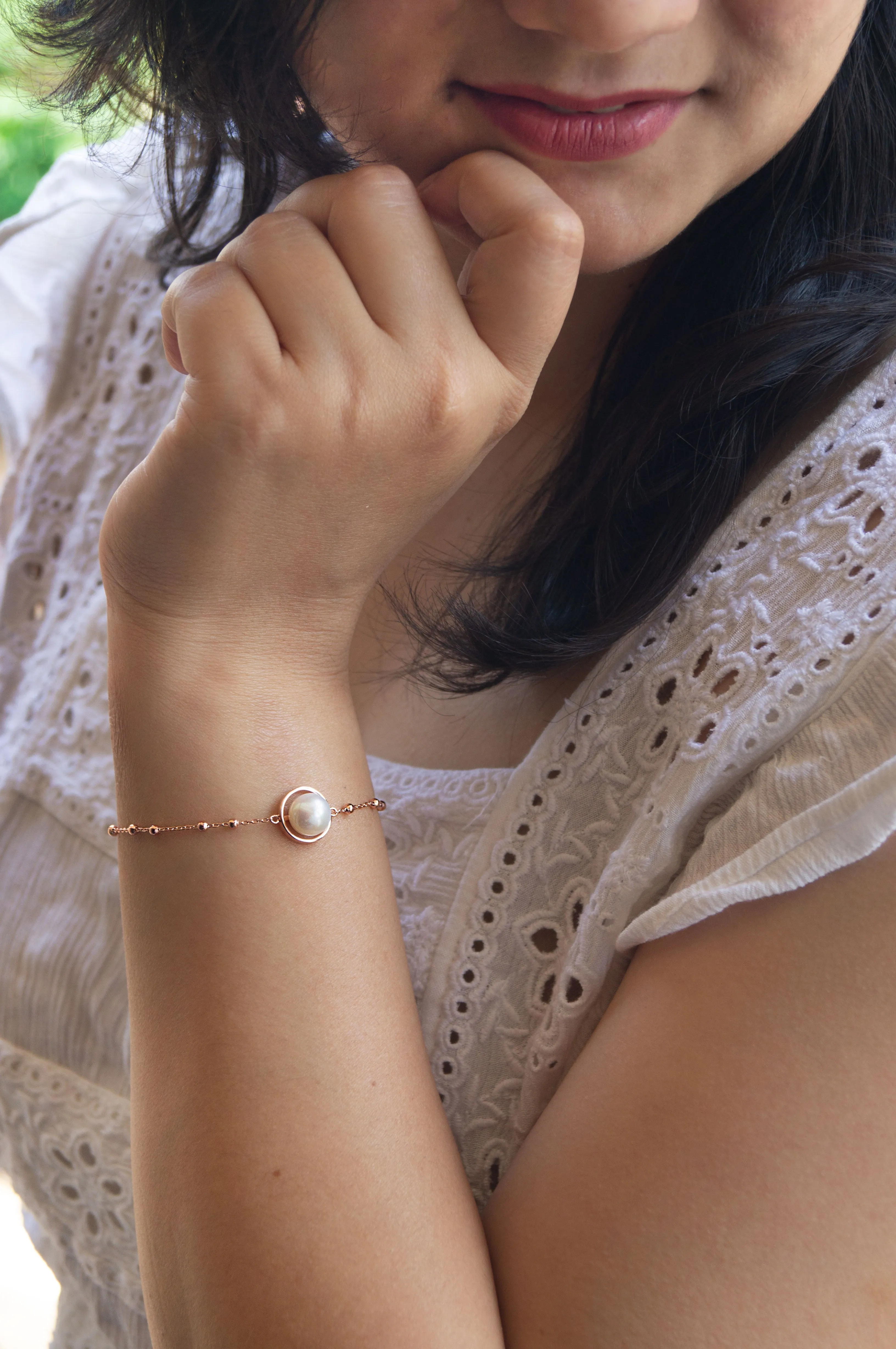 Pearl With Pretty Balls Rose Gold Plated Sterling Silver Chain Bracelet