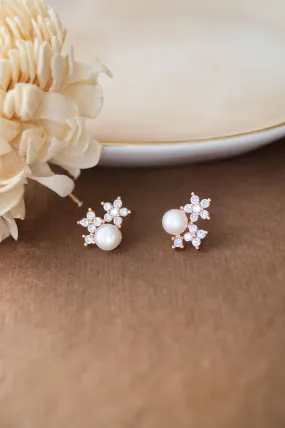 Pearly Flower Garland Rose Gold Plated Sterling Silver Stud Earrings