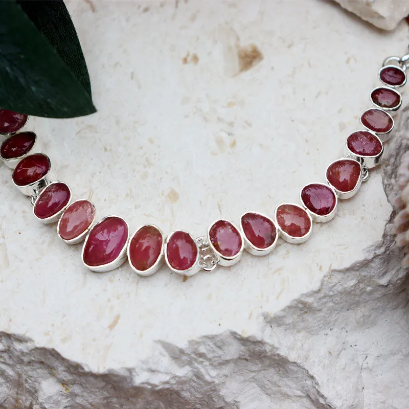 Pink Tourmaline Silver Boho Necklace