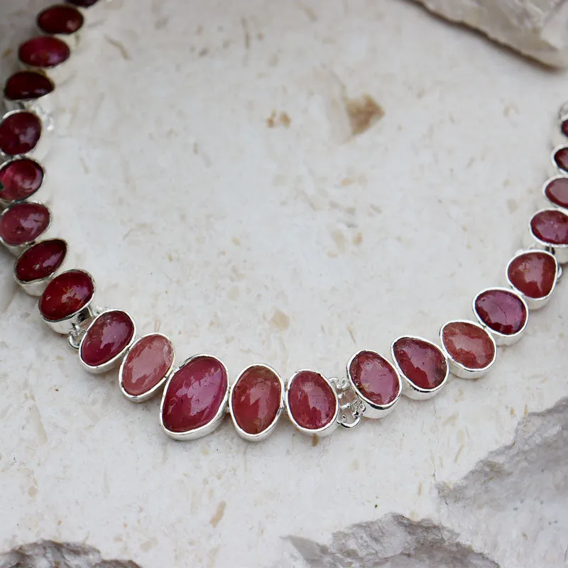 Pink Tourmaline Silver Boho Necklace