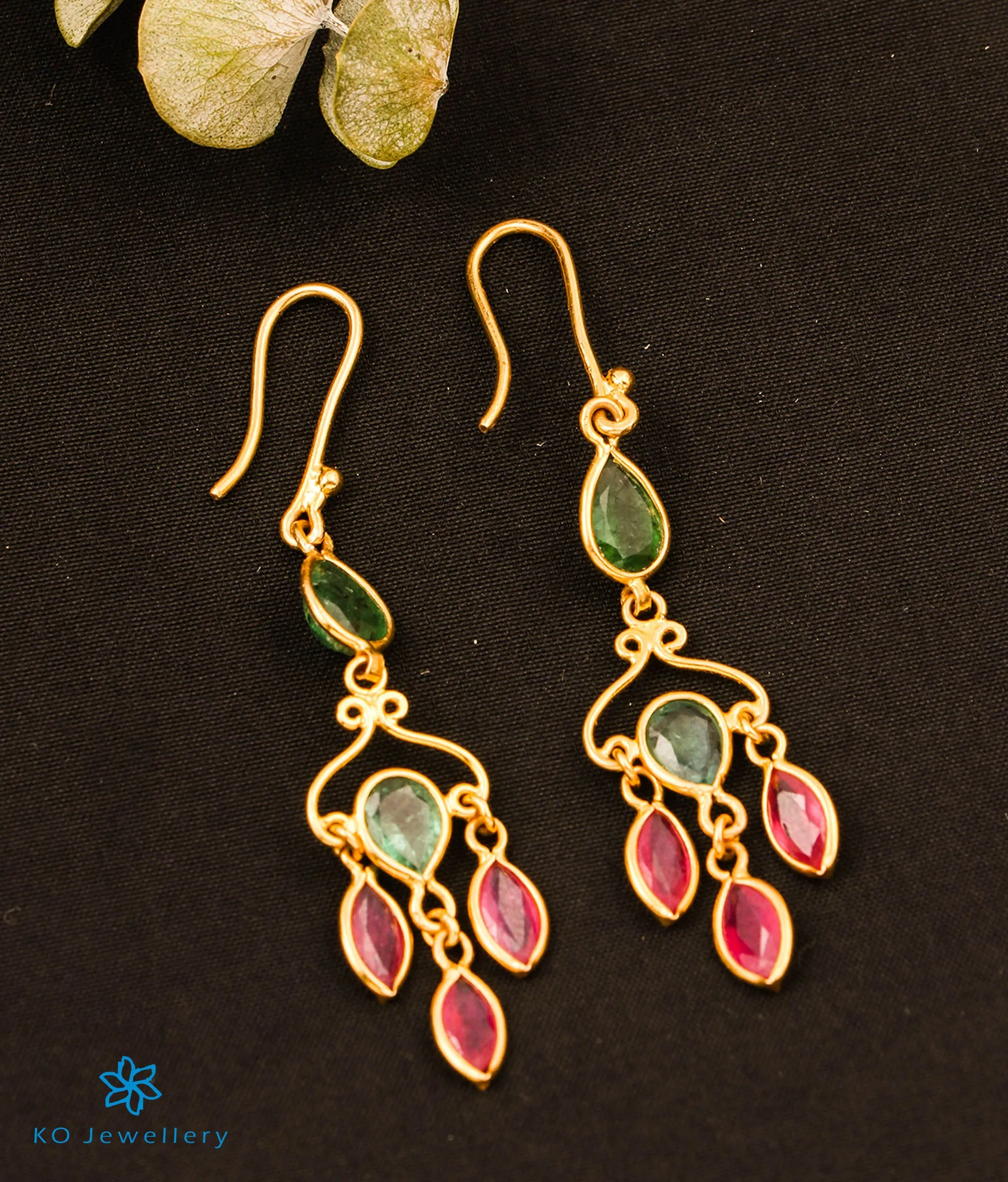 Precious Ruby & Emerald Drop Earrings in 22 KT Gold