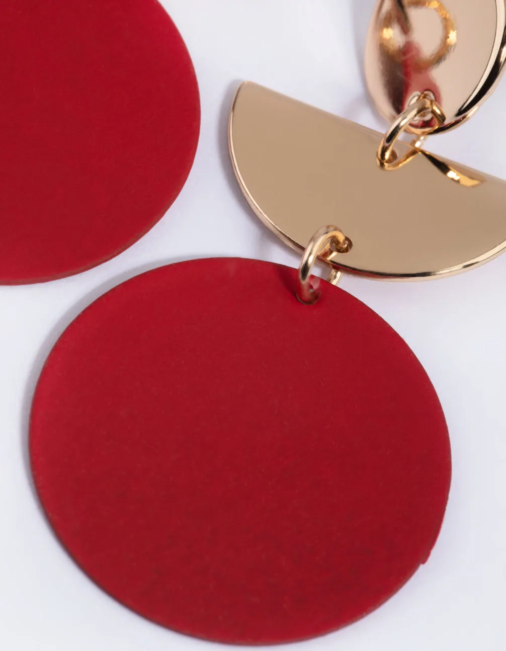 Red Geometric Disc Drop Earrings