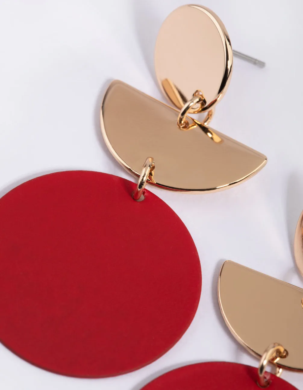 Red Geometric Disc Drop Earrings