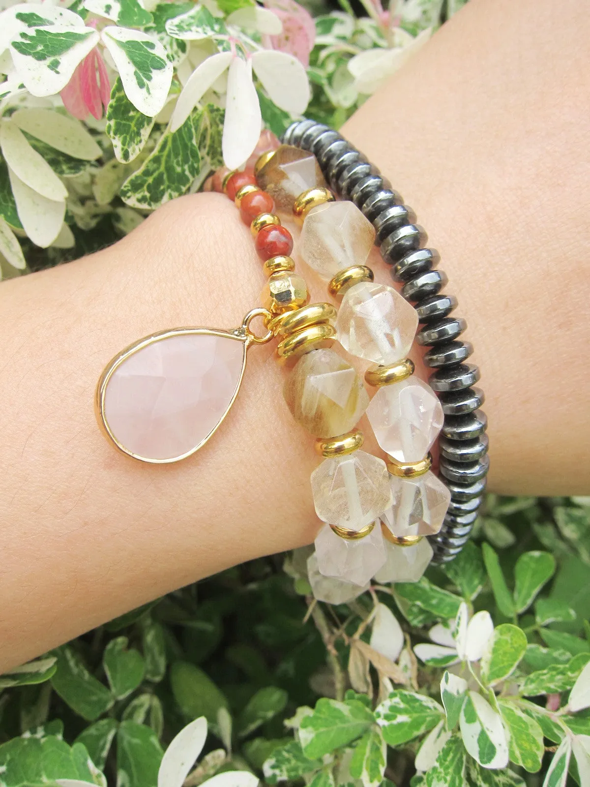 Rhodochrosite, Rose Quartz, Citrine, Clear Quartz - Love, Fertility, Growth Mala Bracelet