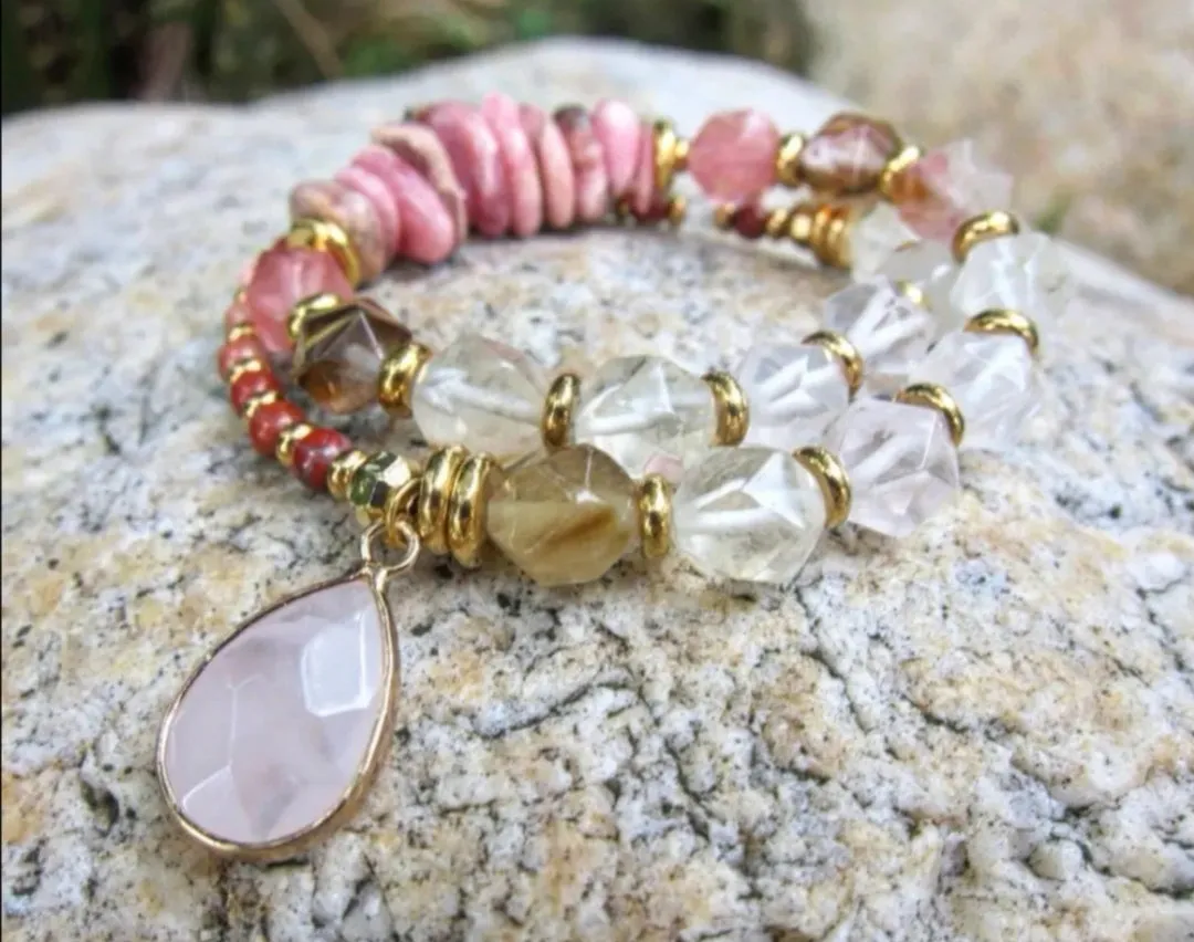 Rhodochrosite, Rose Quartz, Citrine, Clear Quartz - Love, Fertility, Growth Mala Bracelet