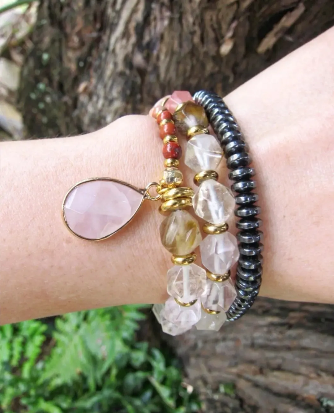 Rhodochrosite, Rose Quartz, Citrine, Clear Quartz - Love, Fertility, Growth Mala Bracelet