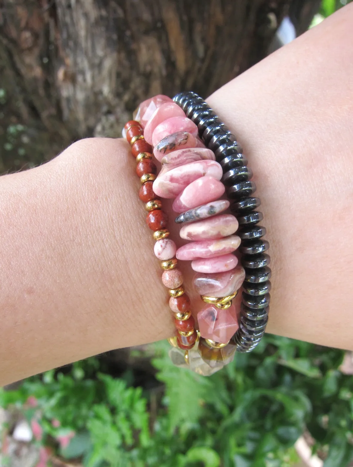 Rhodochrosite, Rose Quartz, Citrine, Clear Quartz - Love, Fertility, Growth Mala Bracelet