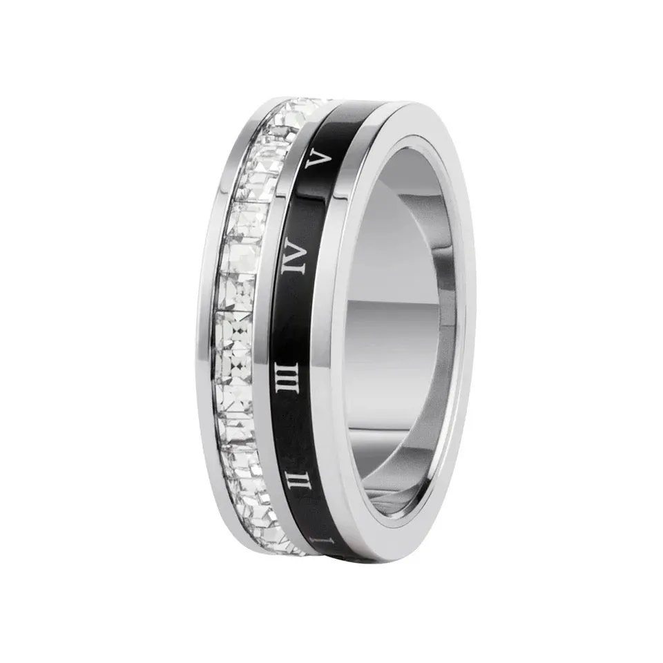 Roman Numeral Double Ring Titanium Steel Ring Acrylic Crystal Multi-Layered Ring For Women S4471114(size10#)