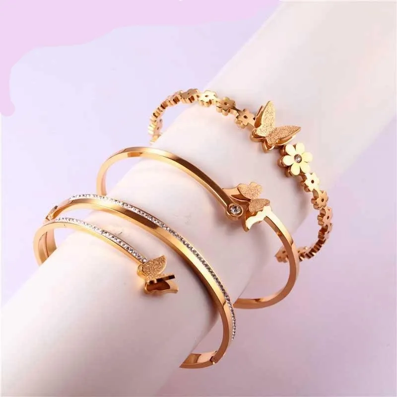 Rose Gold Stainless Steel CZ Flower Butterfly Hinged Bangle Bracelet