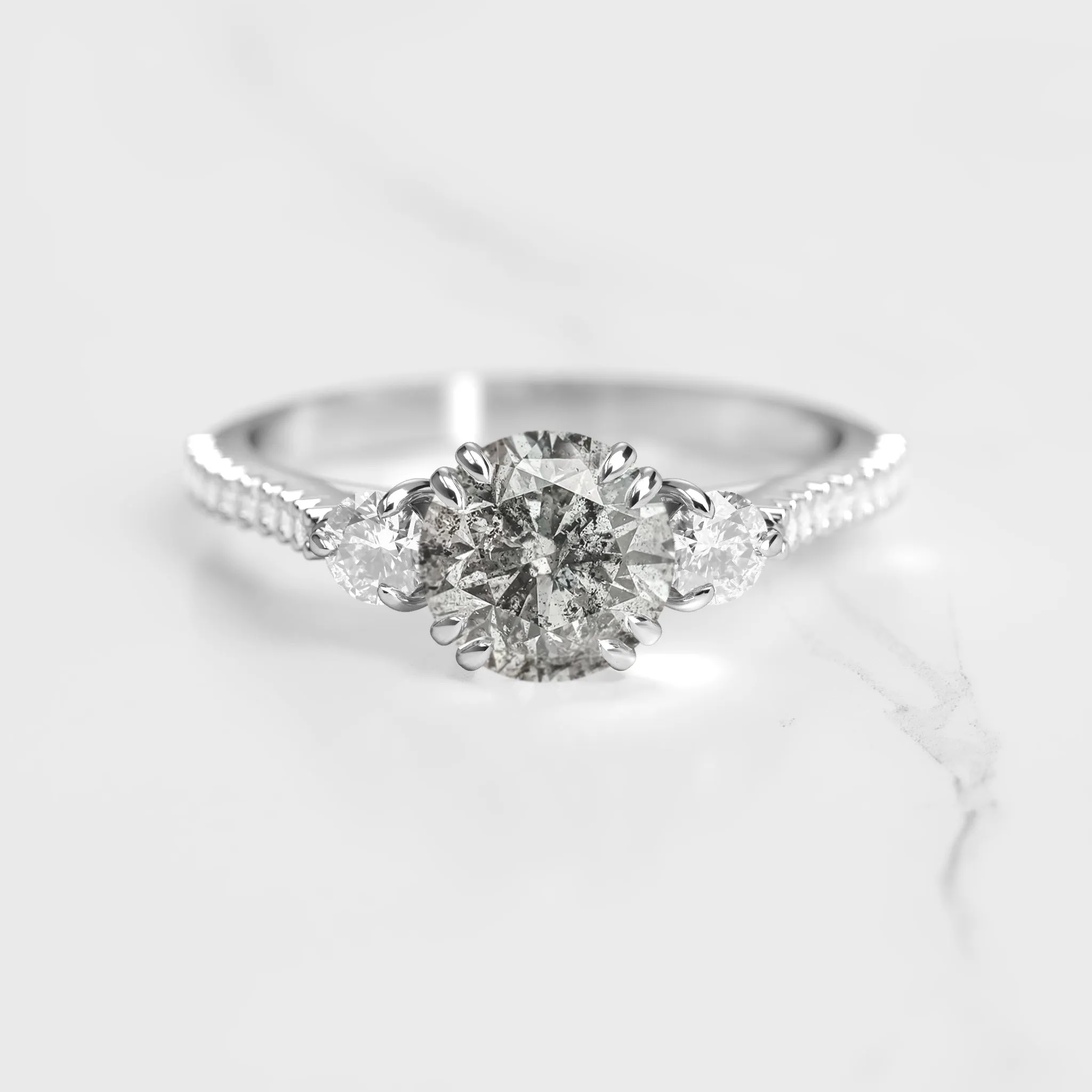 Round Half Pave Salt & Pepper Diamond Ring With Accent Diamonds