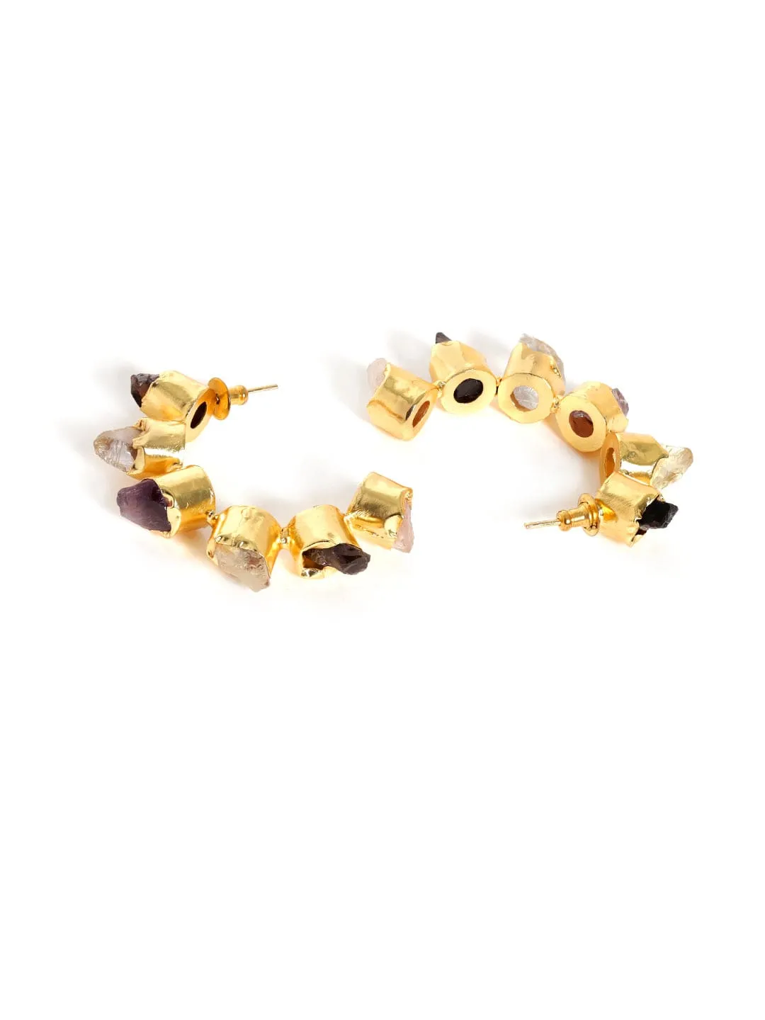 Rubans 18K Gold plated uncut semi precious gems studded handcrafted statement hoop earrings