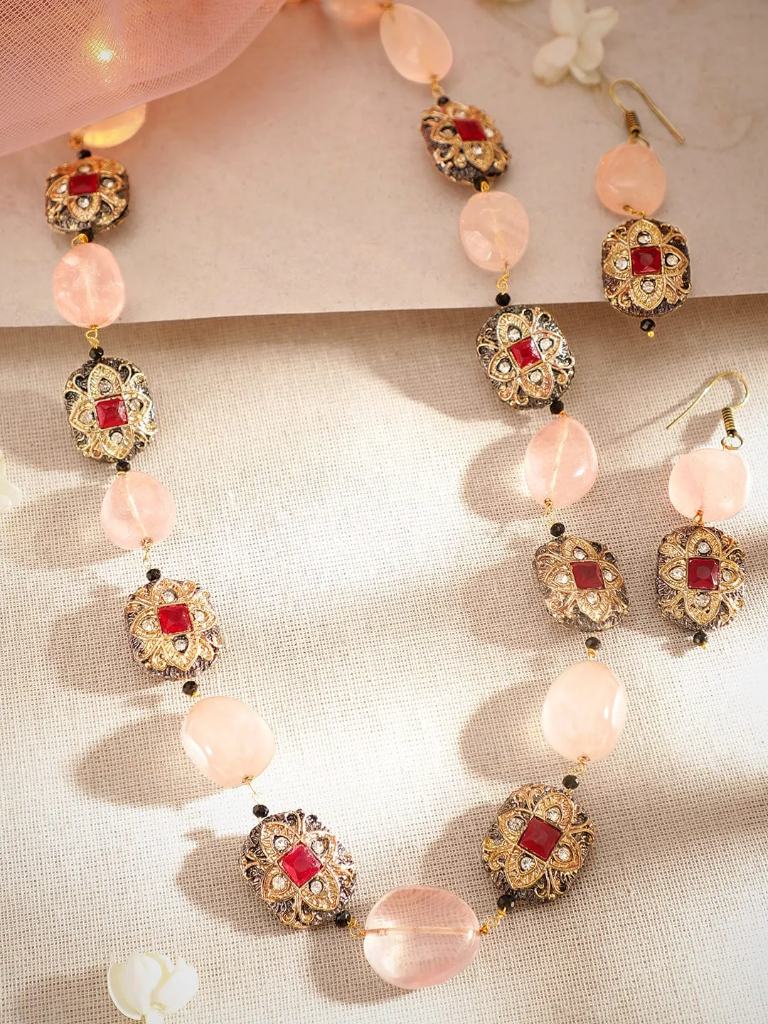 Rubans 22K Gold plated Semi precious Gem Rose Quartz Beaded Zirconia studded Victorian Statement Necklace Set