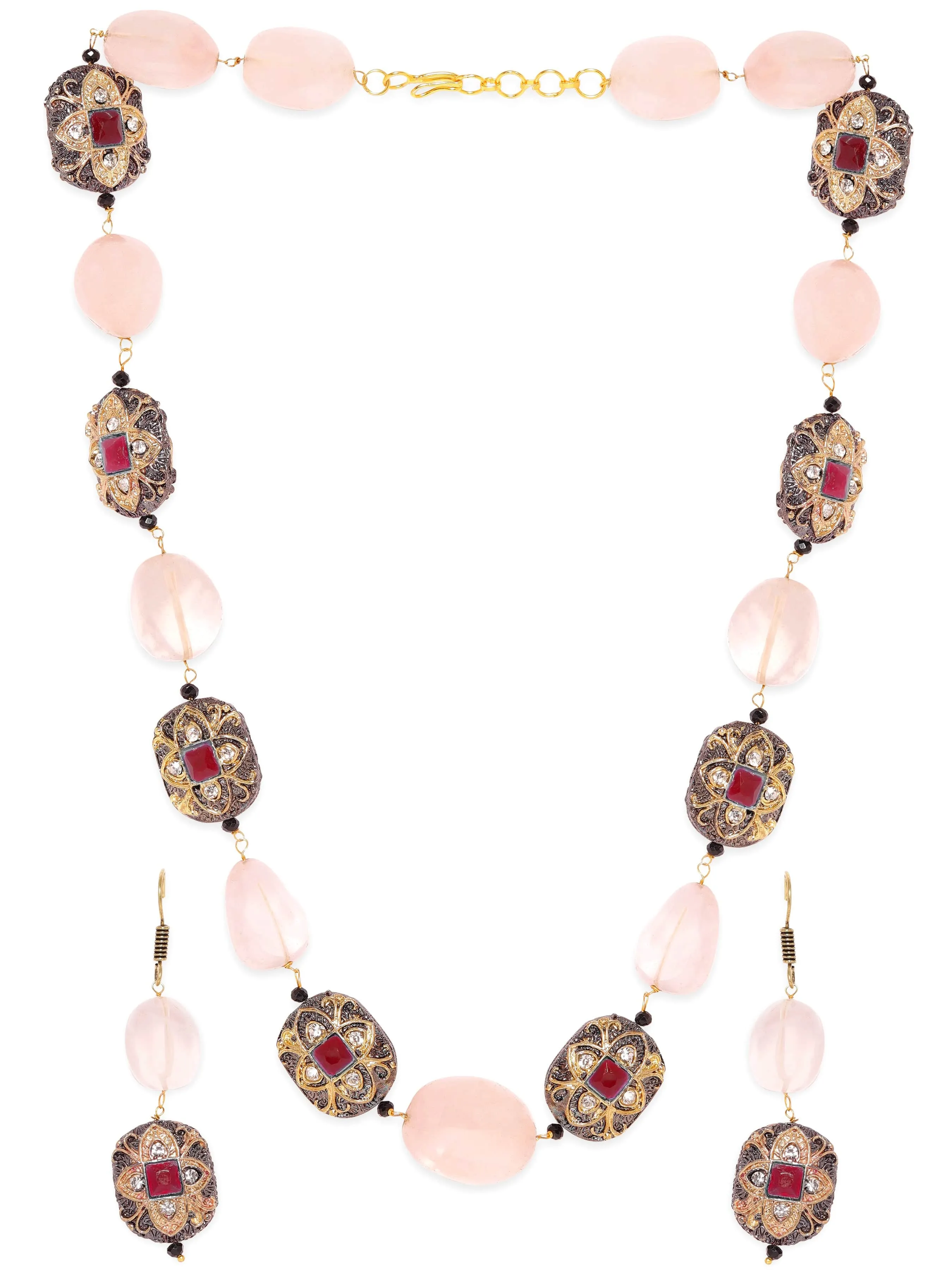 Rubans 22K Gold plated Semi precious Gem Rose Quartz Beaded Zirconia studded Victorian Statement Necklace Set