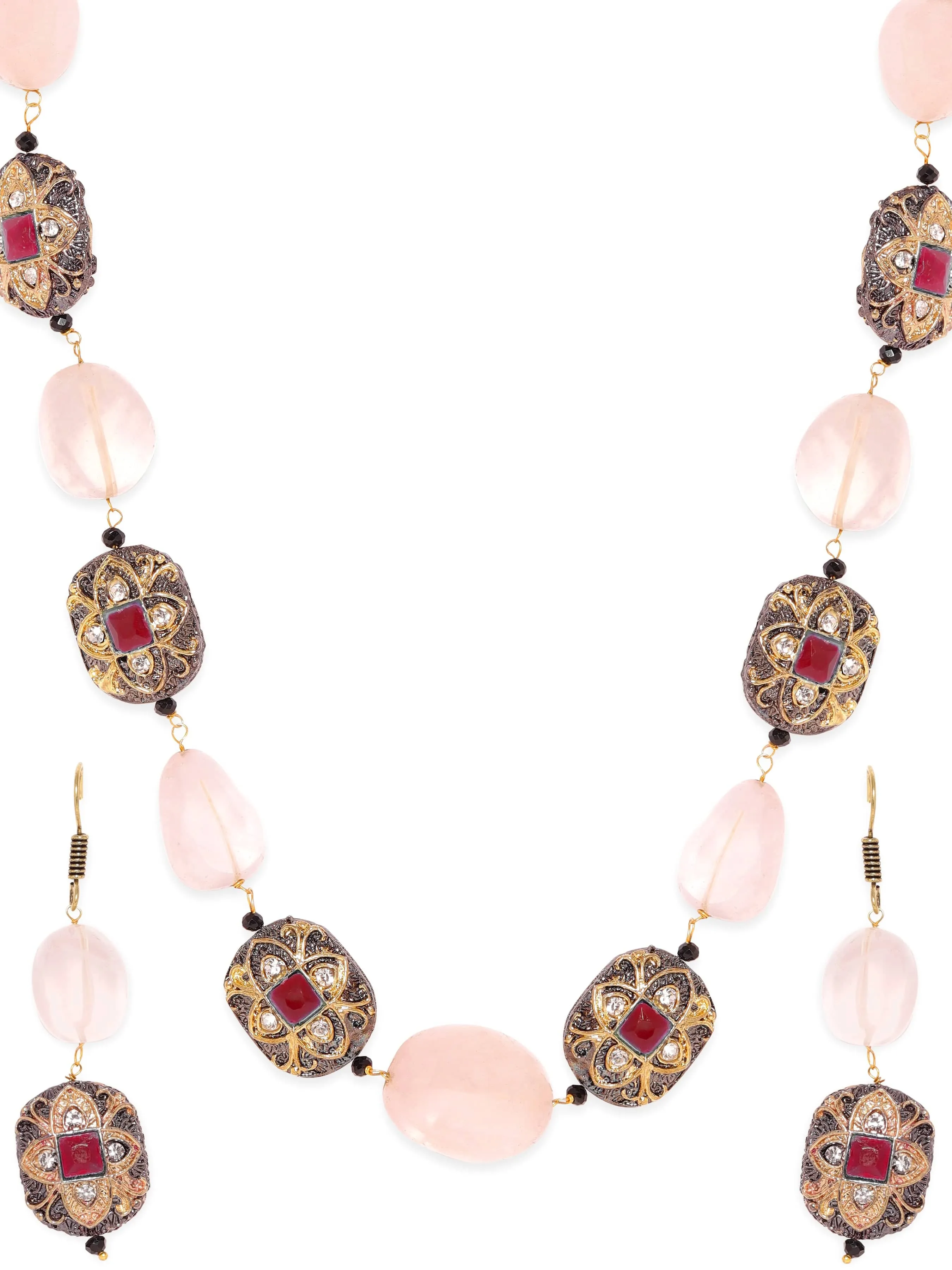 Rubans 22K Gold plated Semi precious Gem Rose Quartz Beaded Zirconia studded Victorian Statement Necklace Set