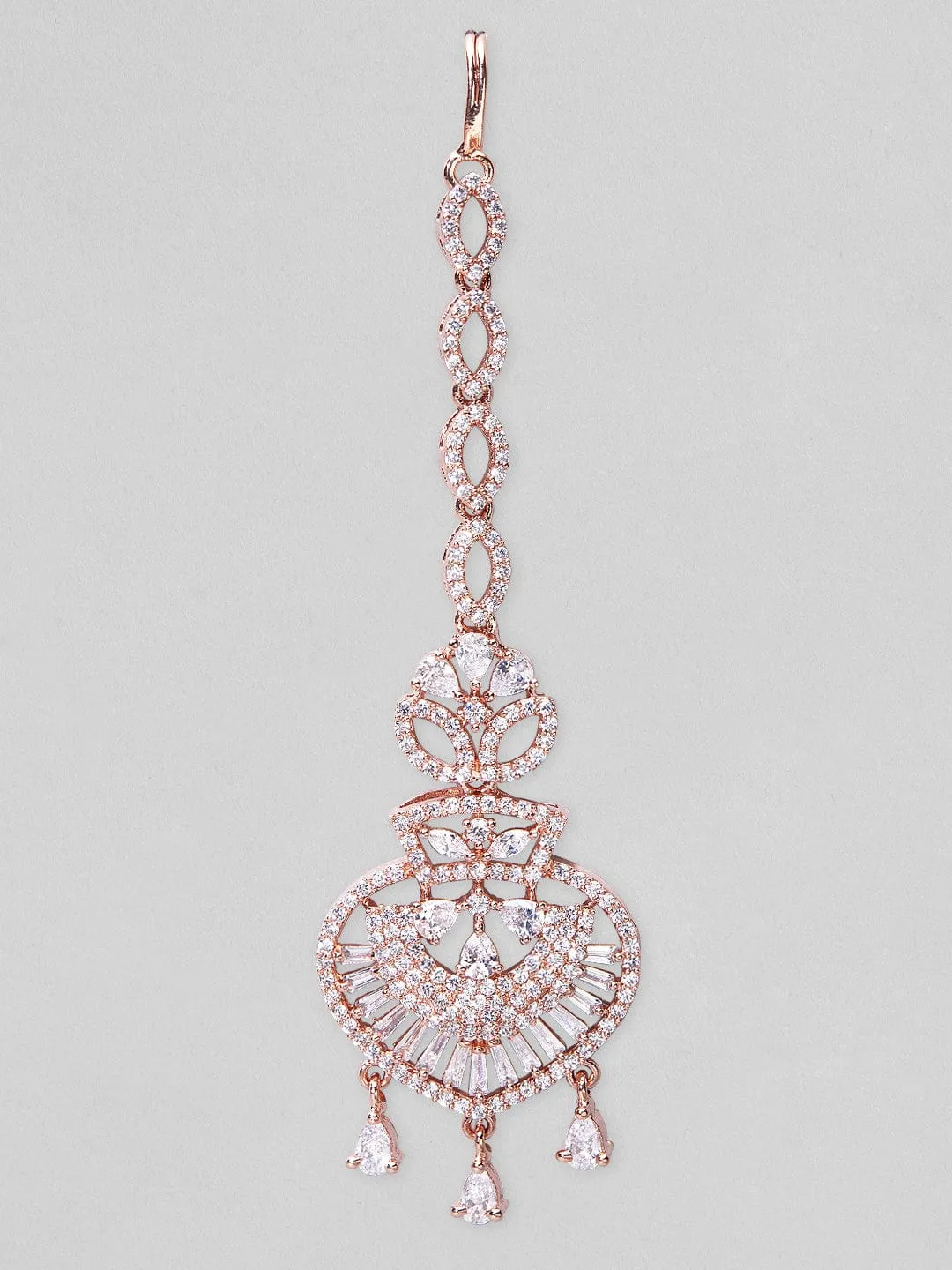 Rubans rose gold plated mangtikka with american diamonds.