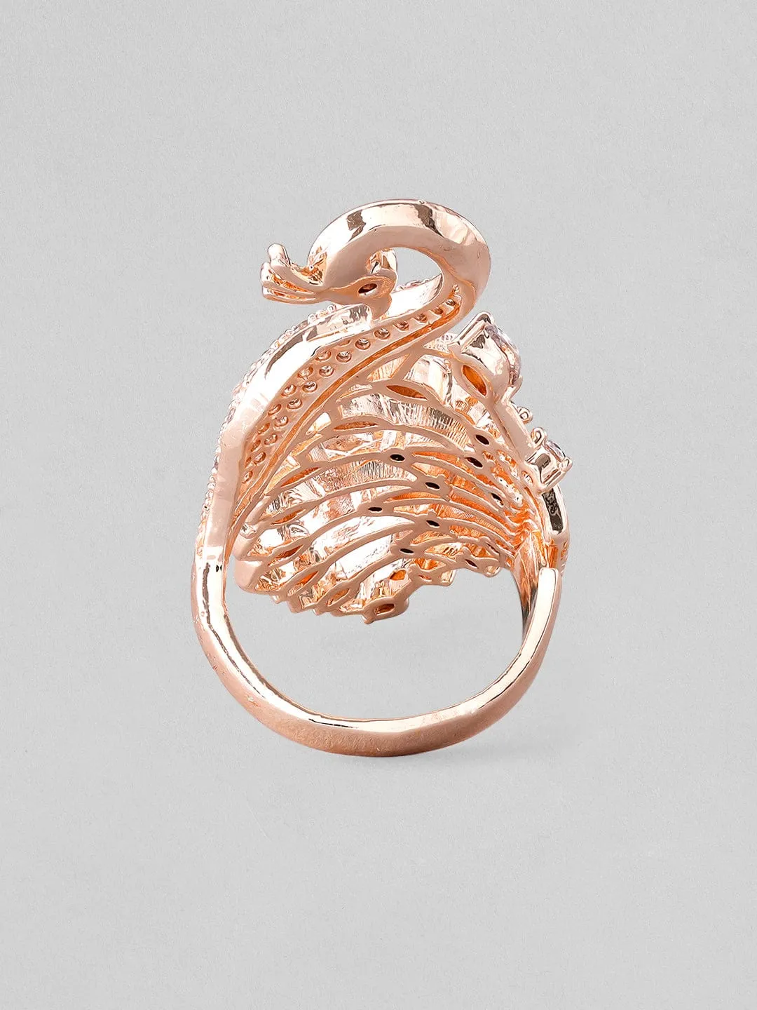 Rubans Rose Gold Plated Ring With Peacock Design And Studded AD