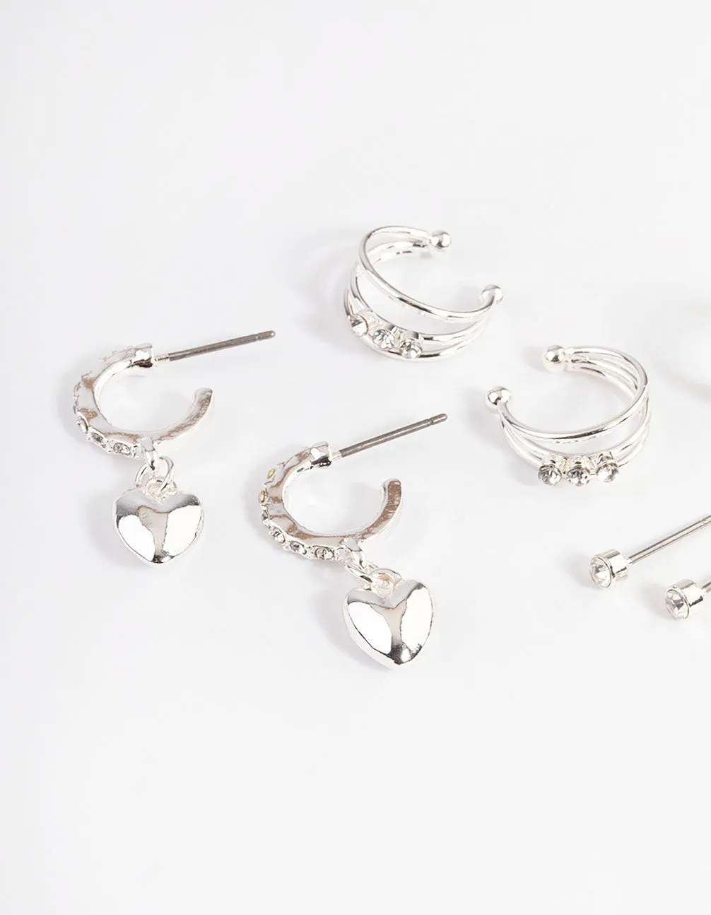 Silver Crystal Puffed Heart Earrings 4-Pack